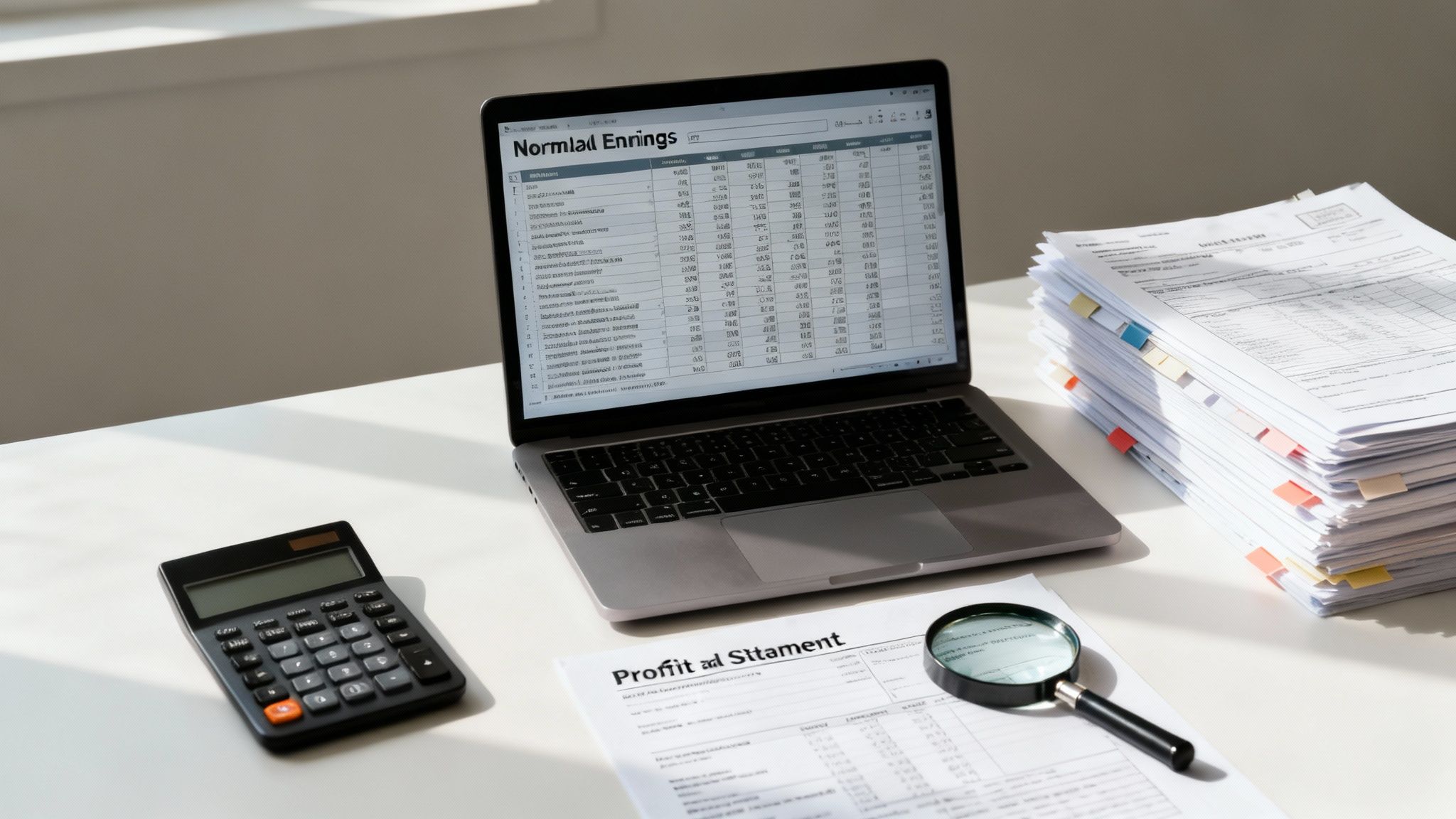 A desk with a laptop displaying earnings, a stack of financial documents, a calculator, and a magnifying glass.