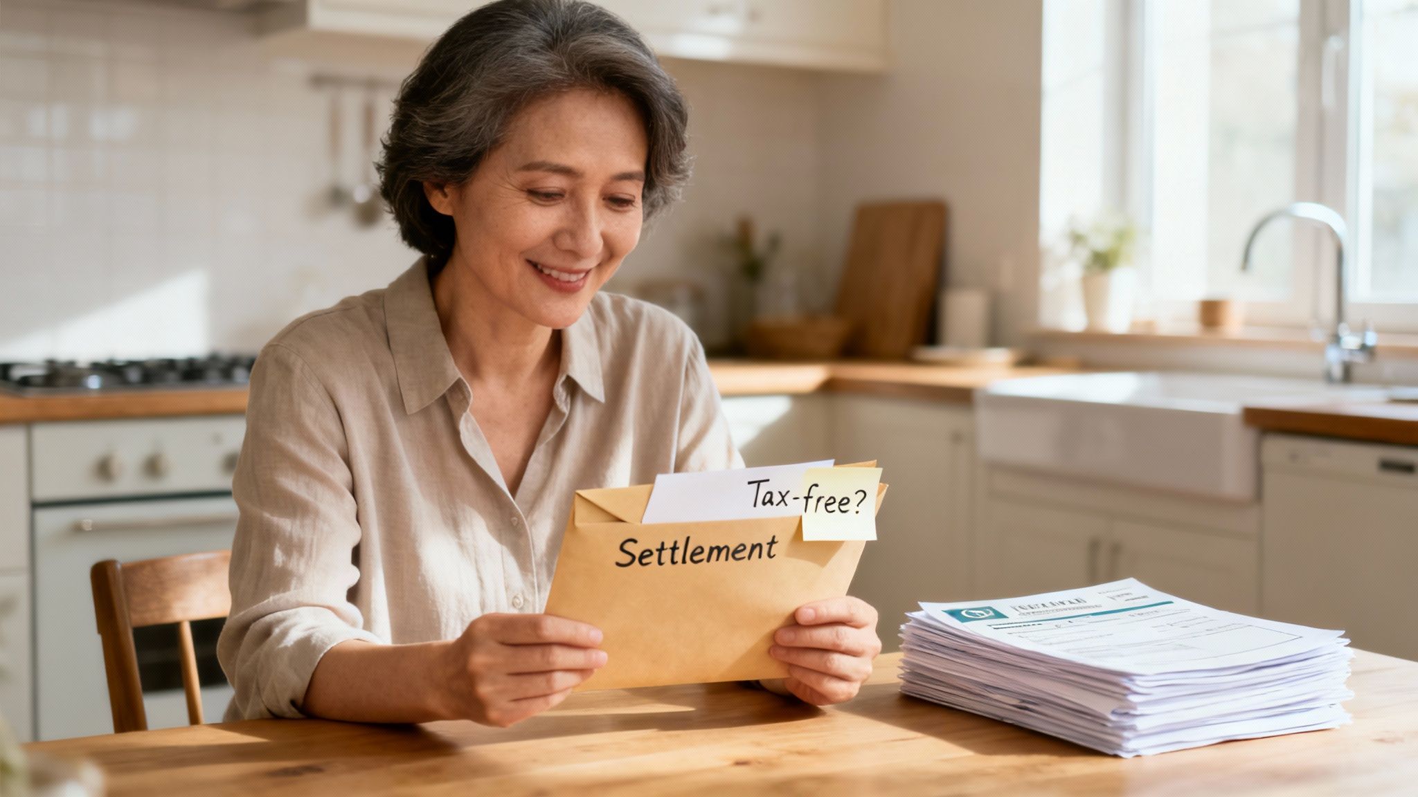 Smiling senior Asian woman holds a settlement envelope with a 'Tax-free?' note in her kitchen.
