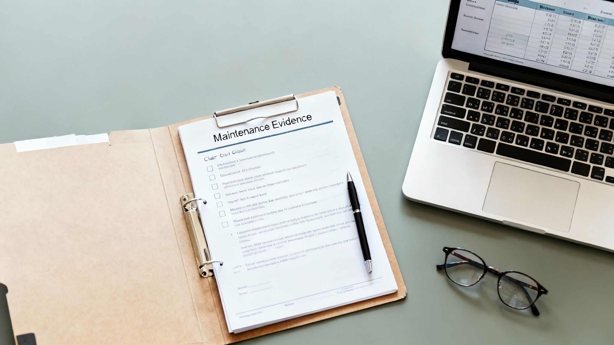 Overhead shot of a work desk with a laptop, 'Maintenance Evidence' document, pen, and eyeglasses.