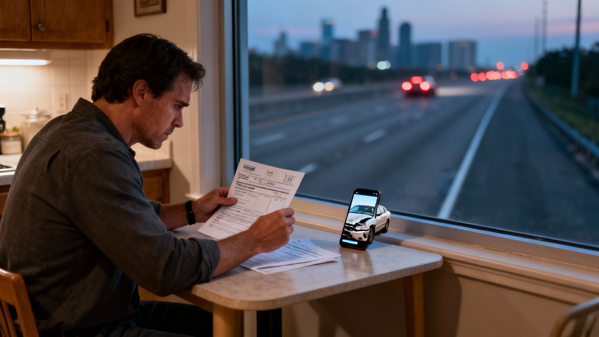 A man reviews car insurance documents at a table, with a phone displaying a damaged car.