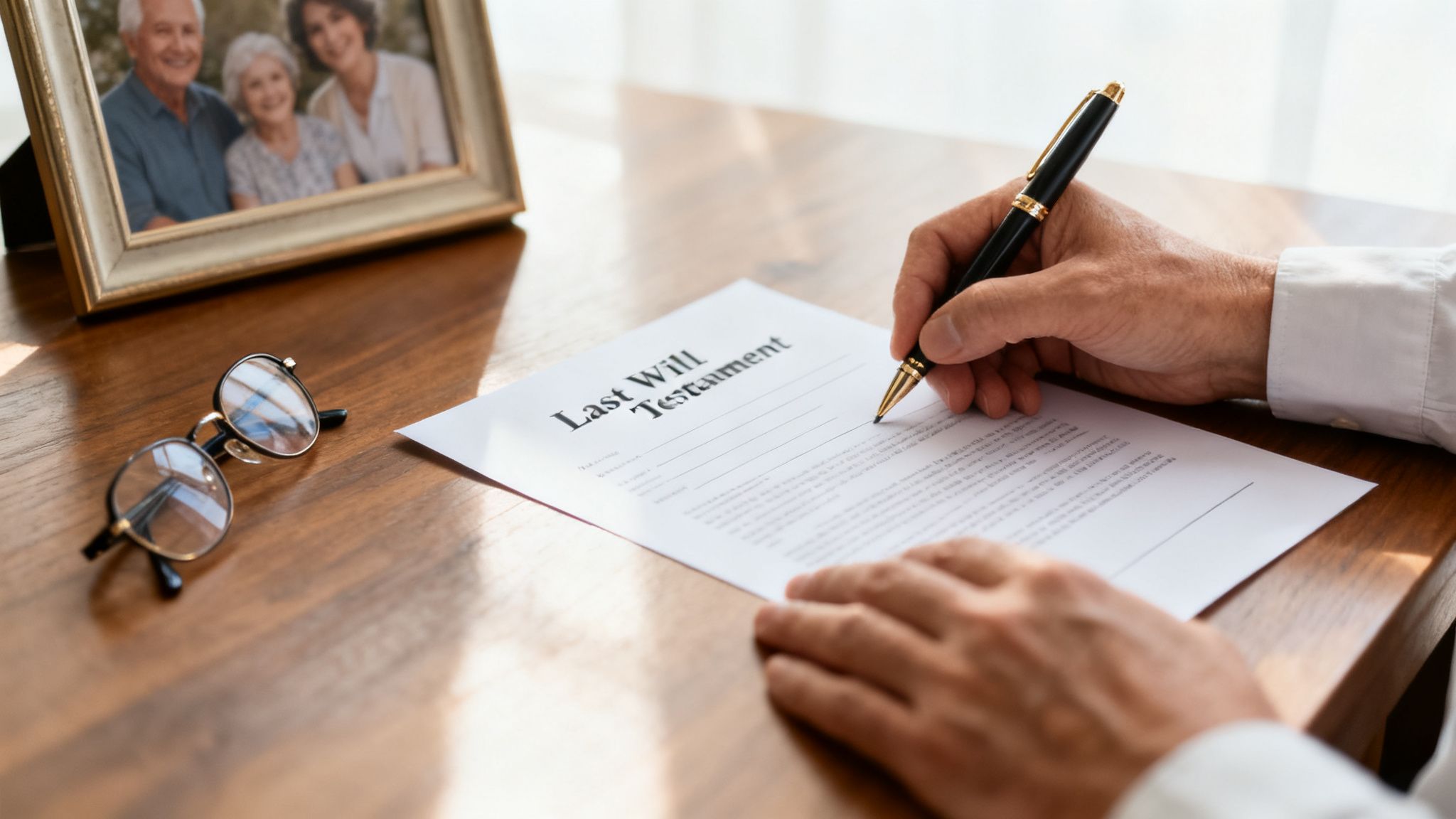 A person signs a 'Last Will Testament' document on a wooden table, with a family photo and glasses nearby.