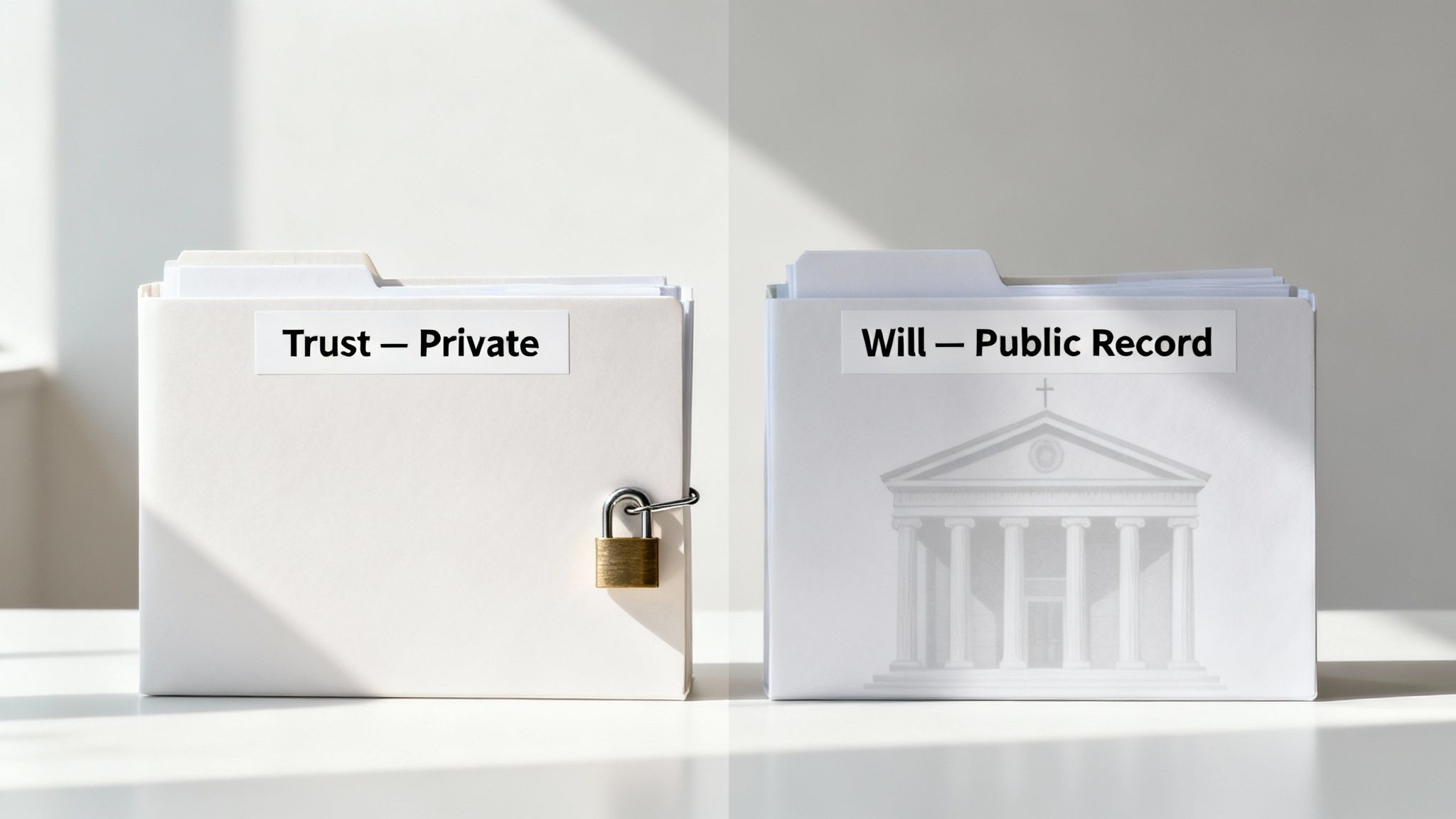 Two folders comparing estate planning: 'Trust - Private' with a padlock and 'Will - Public Record' with a courthouse graphic.