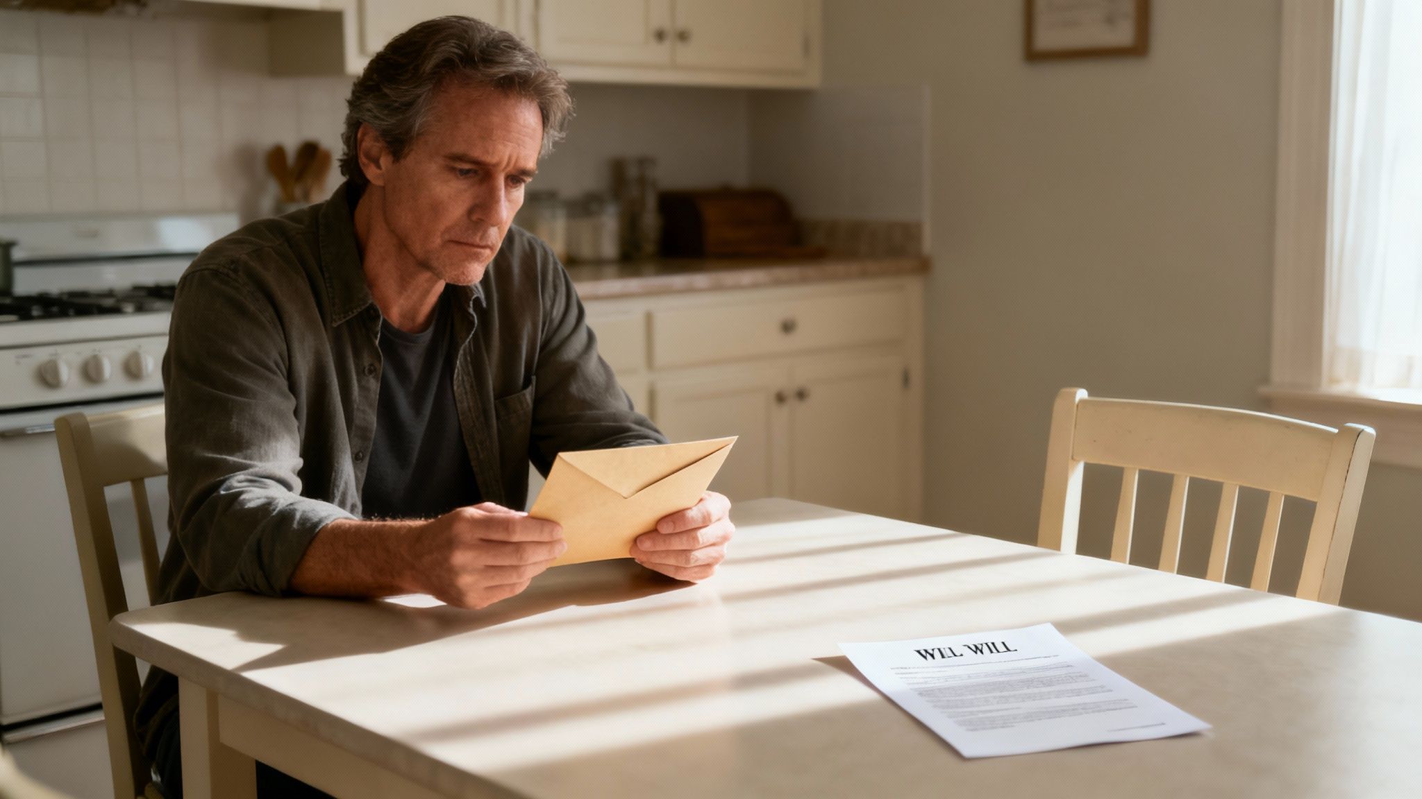 A family gathered around a table with a lawyer, reviewing documents with concern.