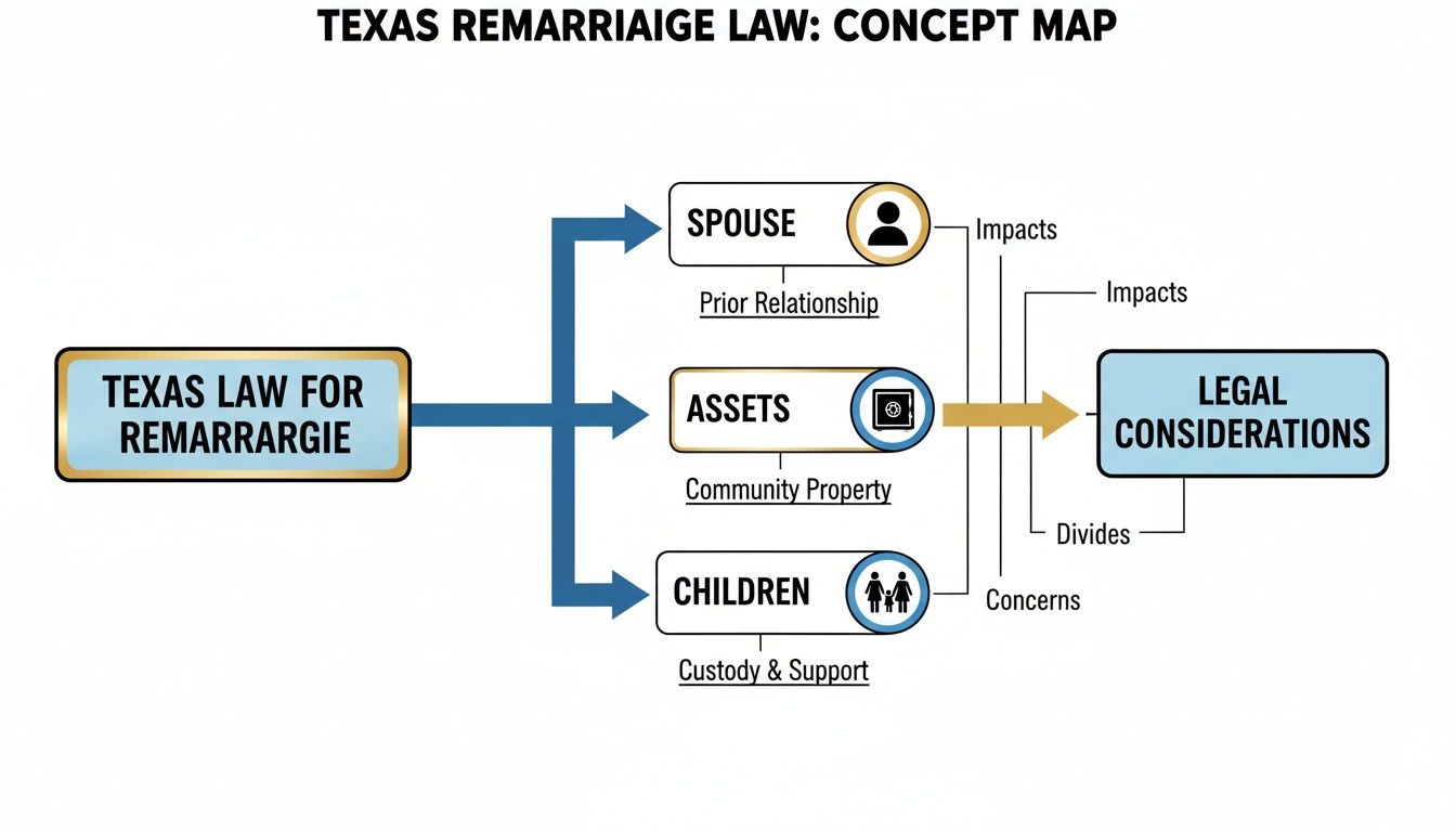Concept map illustrating Texas remarriage law, highlighting spouse, assets, and children, with legal considerations impacting community property and custody/support.