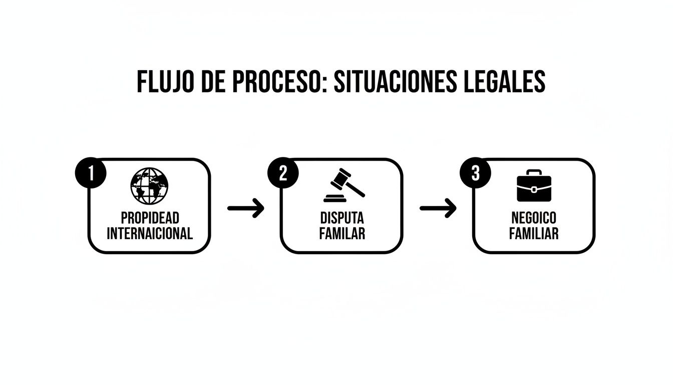 Diagrama de flujo que ilustra tres etapas en situaciones legales: propiedad internacional, disputa familiar y negocio familiar.