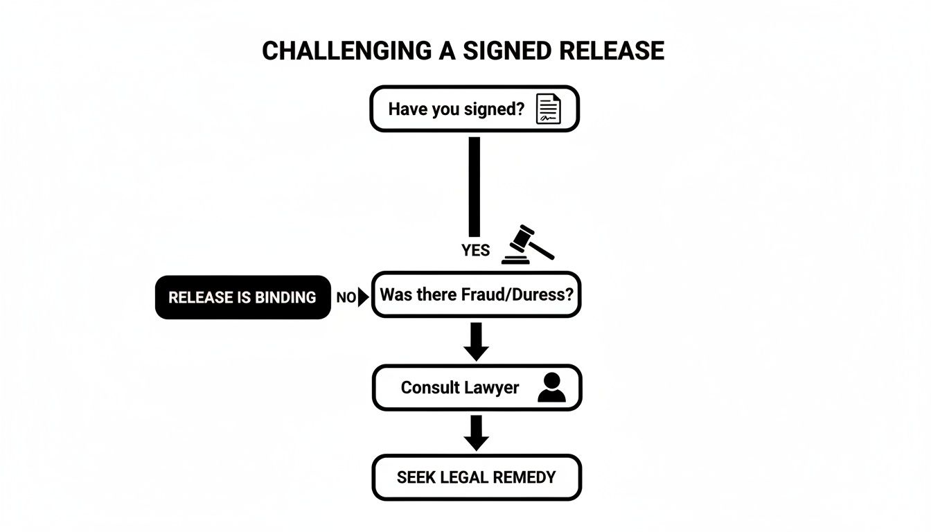 Flowchart detailing the process of challenging a signed legal release, including steps for fraud or duress.