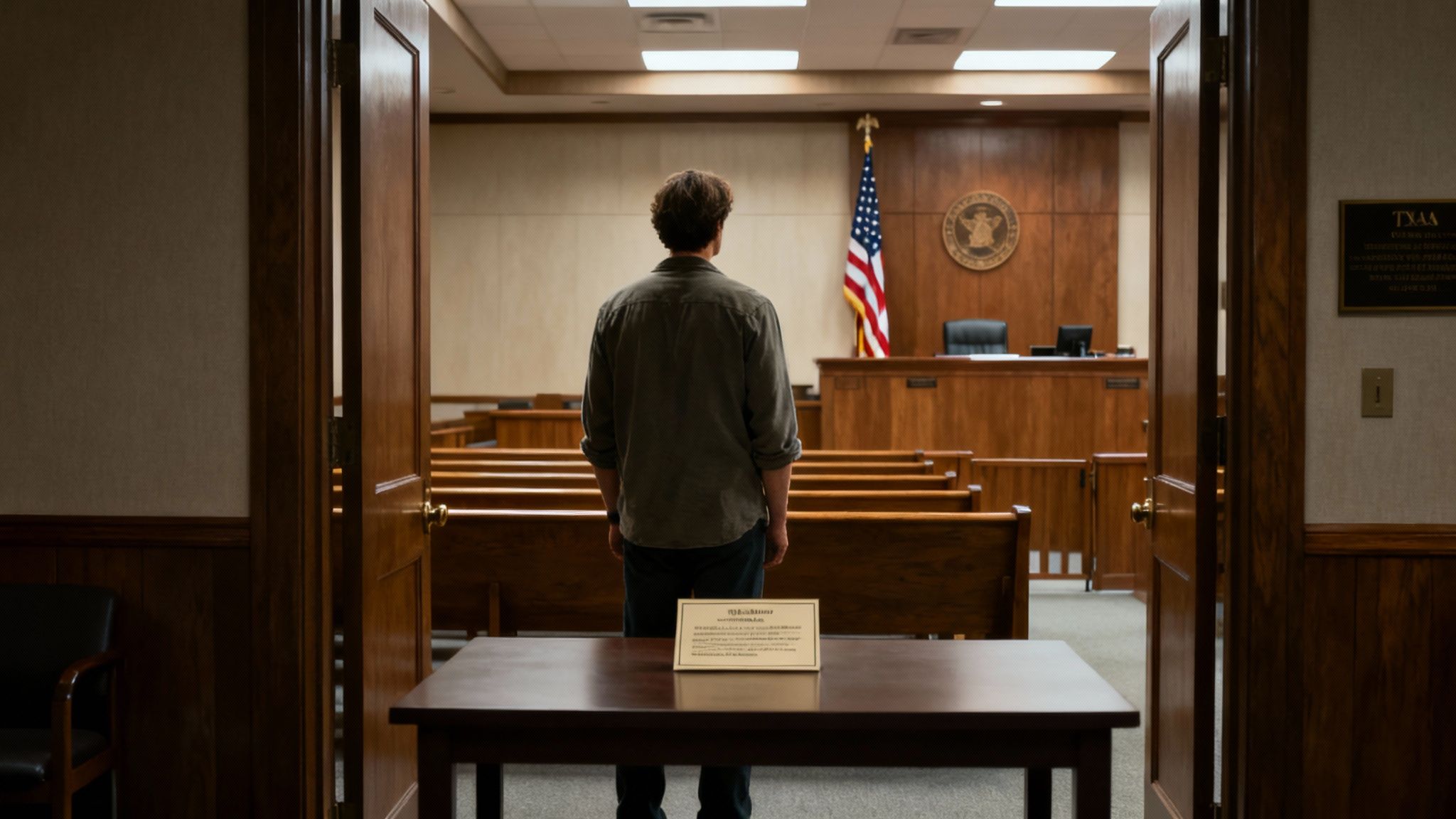 A courtroom with a judge's bench and American flag