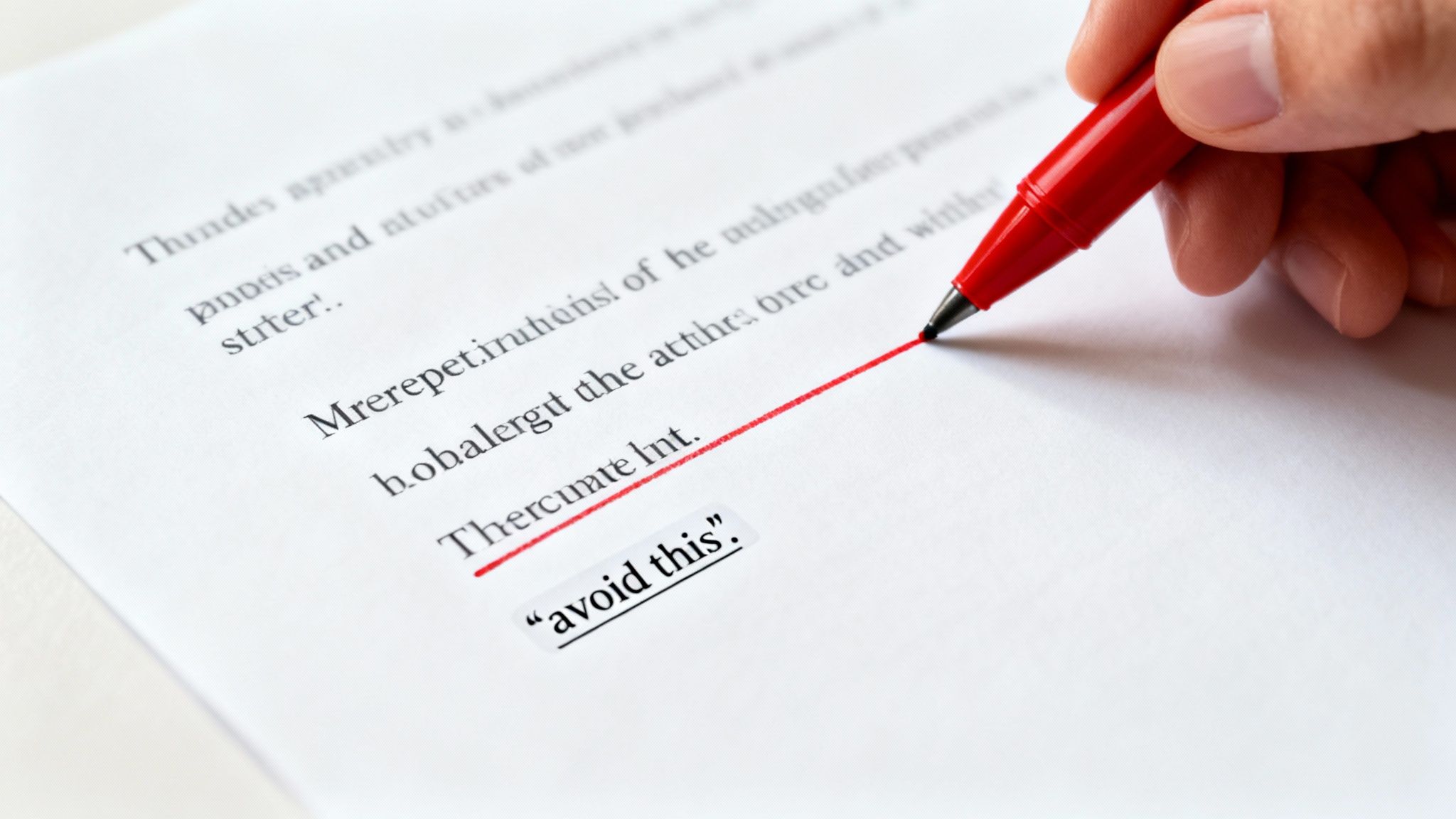 A hand with a red pen crosses out a word on white paper, with an 'avoid this' label.