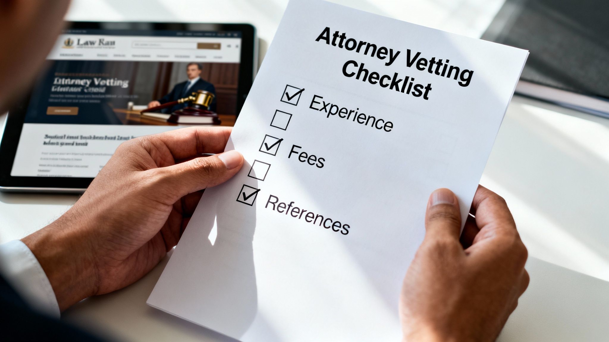 A person holds an Attorney Vetting Checklist, evaluating legal services with a tablet in the background.
