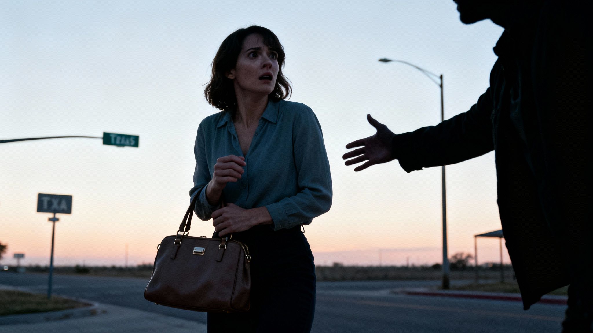 Frightened woman clutches her purse as a shadowy figure reaches out on a desolate Texas road.