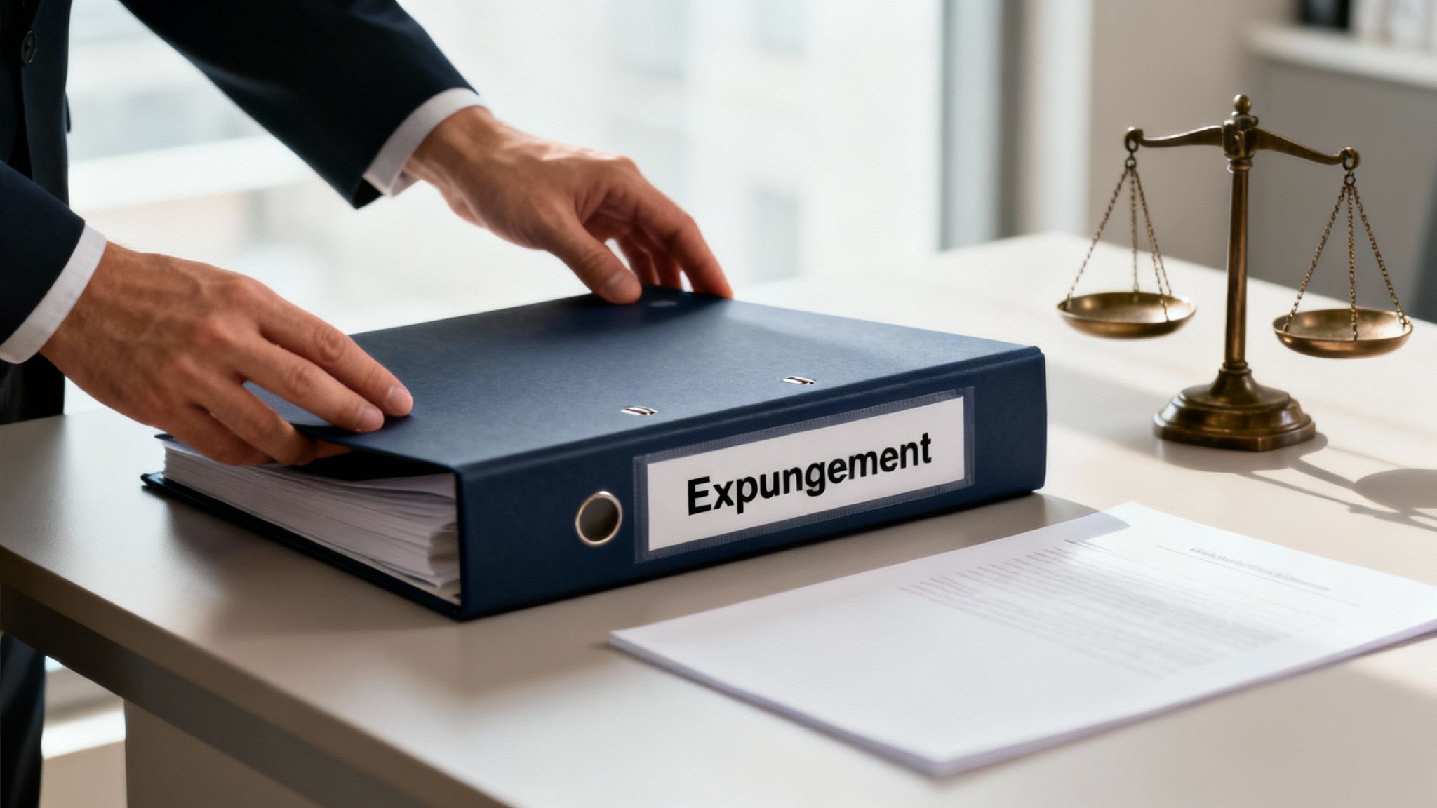Hand placing expungement folder on table with legal scales and documents, representing attorney fees and expungement process in Texas.