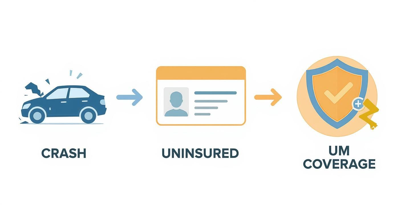 Flowchart illustrating a car crash, an uninsured driver, and the protection from UM coverage.