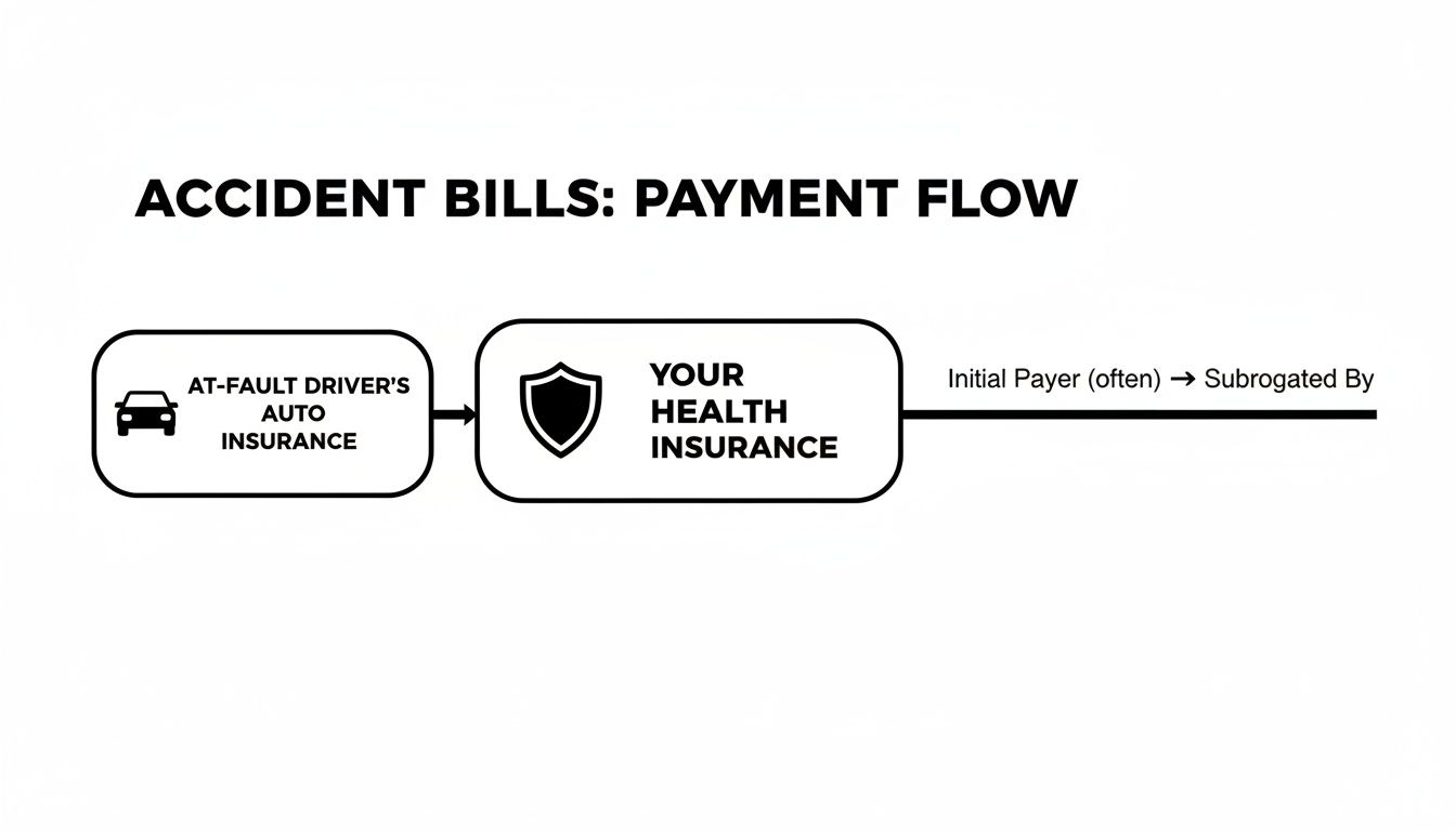 Diagram illustrating the payment flow for accident bills, moving from at-fault auto insurance to health insurance.