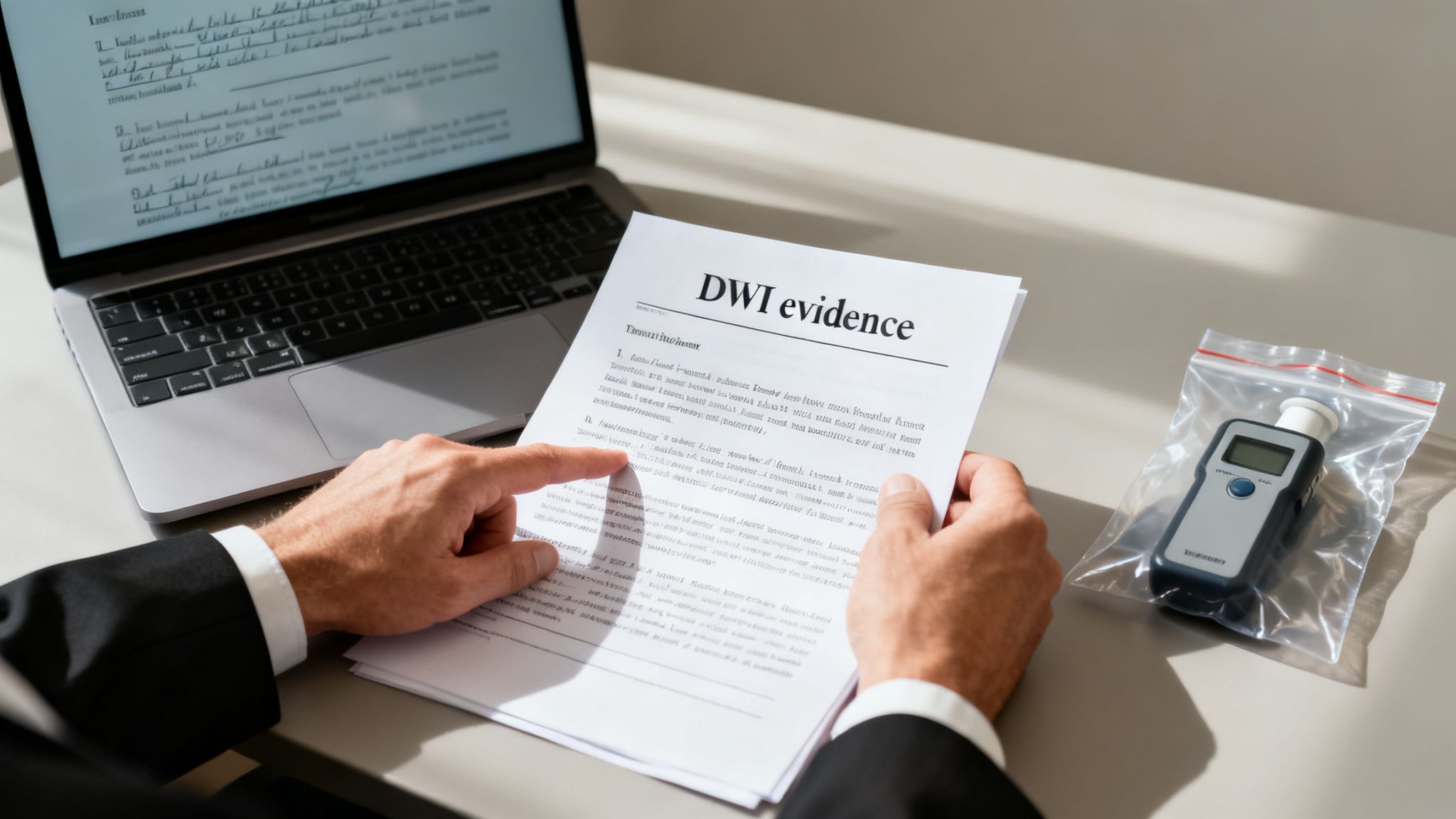 A person reviews 'DWI evidence' documents, with a laptop and a breathalyzer on the table.