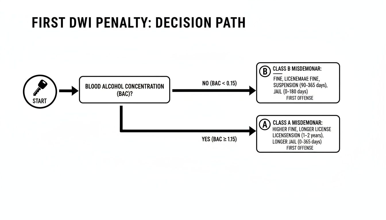 Flowchart illustrating the decision path for first DWI penalties based on blood alcohol concentration.