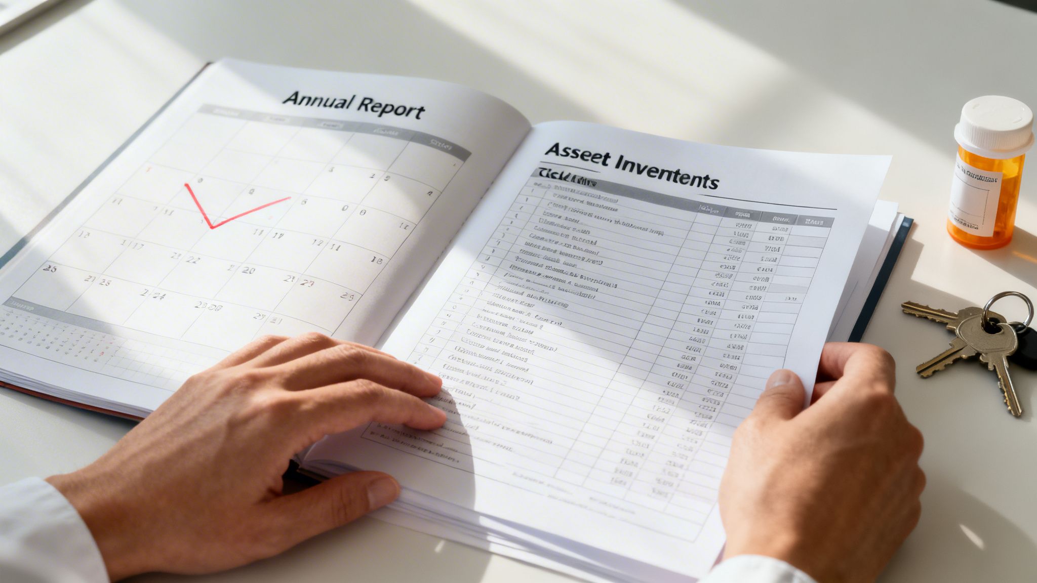 Hands review an annual report with asset inventory, a calendar, keys, and a medicine bottle on a desk.