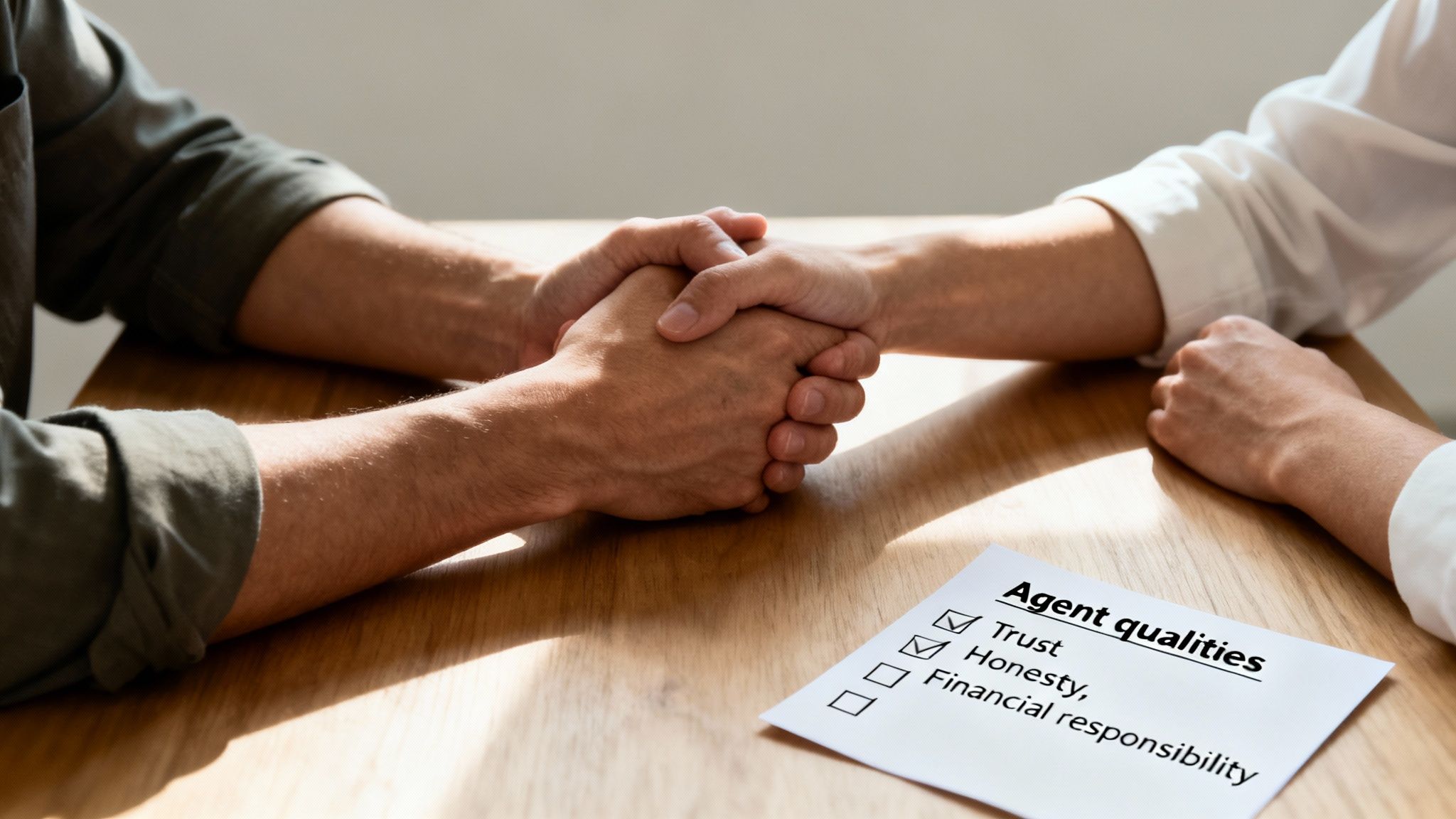 Hands shaking over a table with a checklist titled "Agent qualities," highlighting trust, honesty, and financial responsibility, symbolizing the importance of choosing a reliable agent for a Durable Power of Attorney.