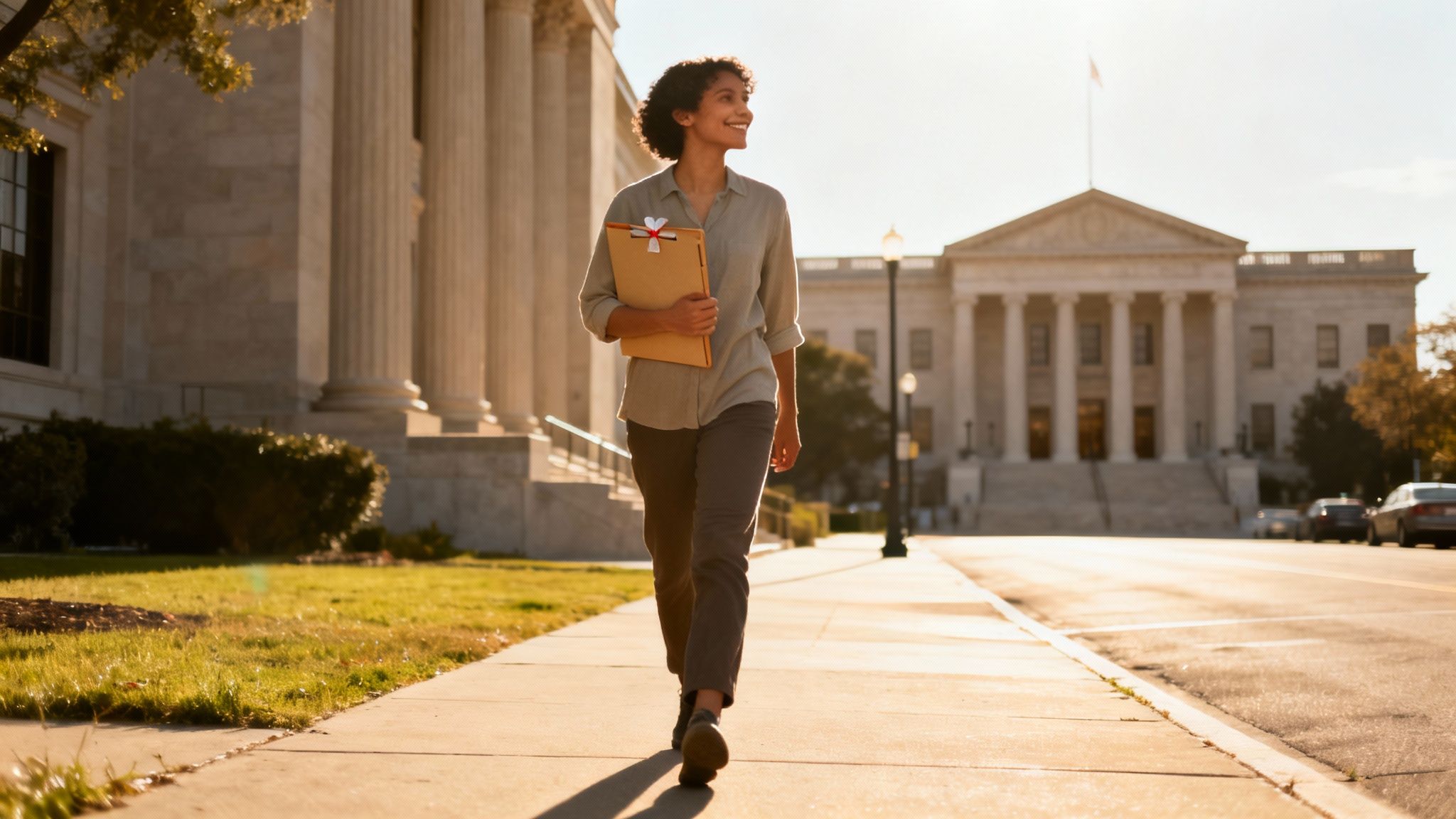 Smiling professional woman walks on a sunlit sidewalk with a folder, a grand courthouse behind her.