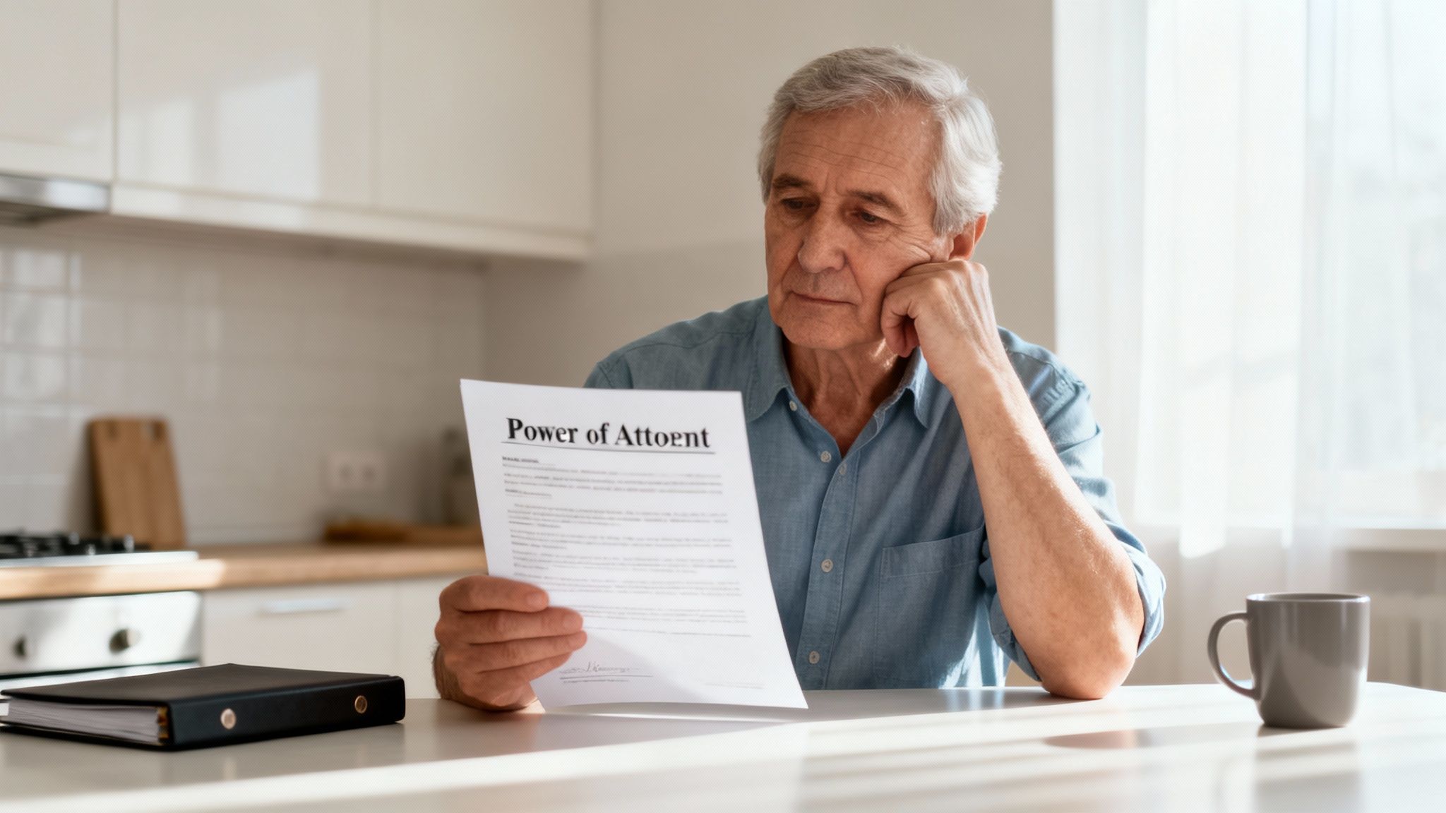 An elderly man intently reads a legal document titled 'Power of Attorney' at a kitchen table.