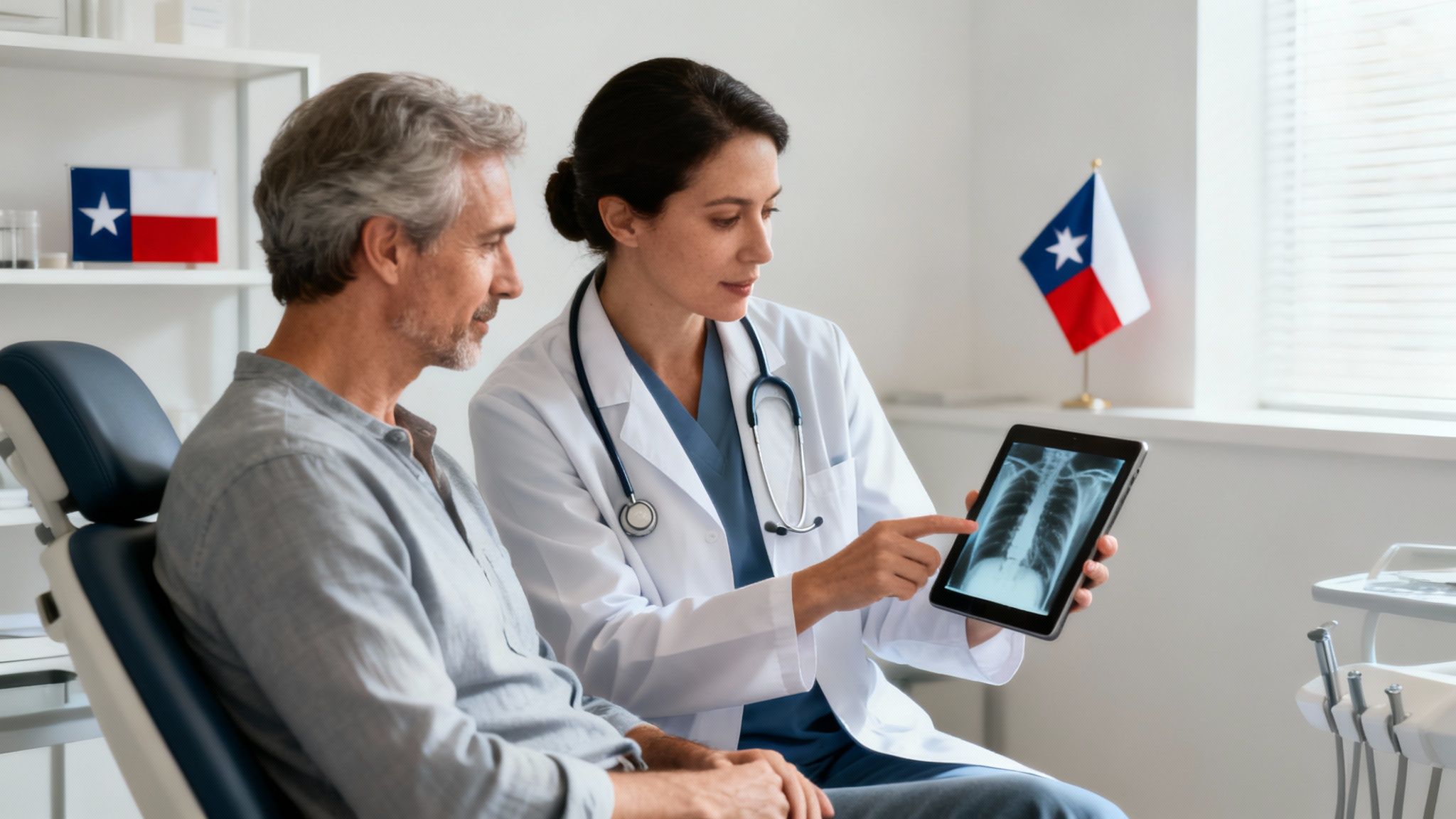 A female doctor shows a chest X-ray on a tablet to a male patient in a clinic.