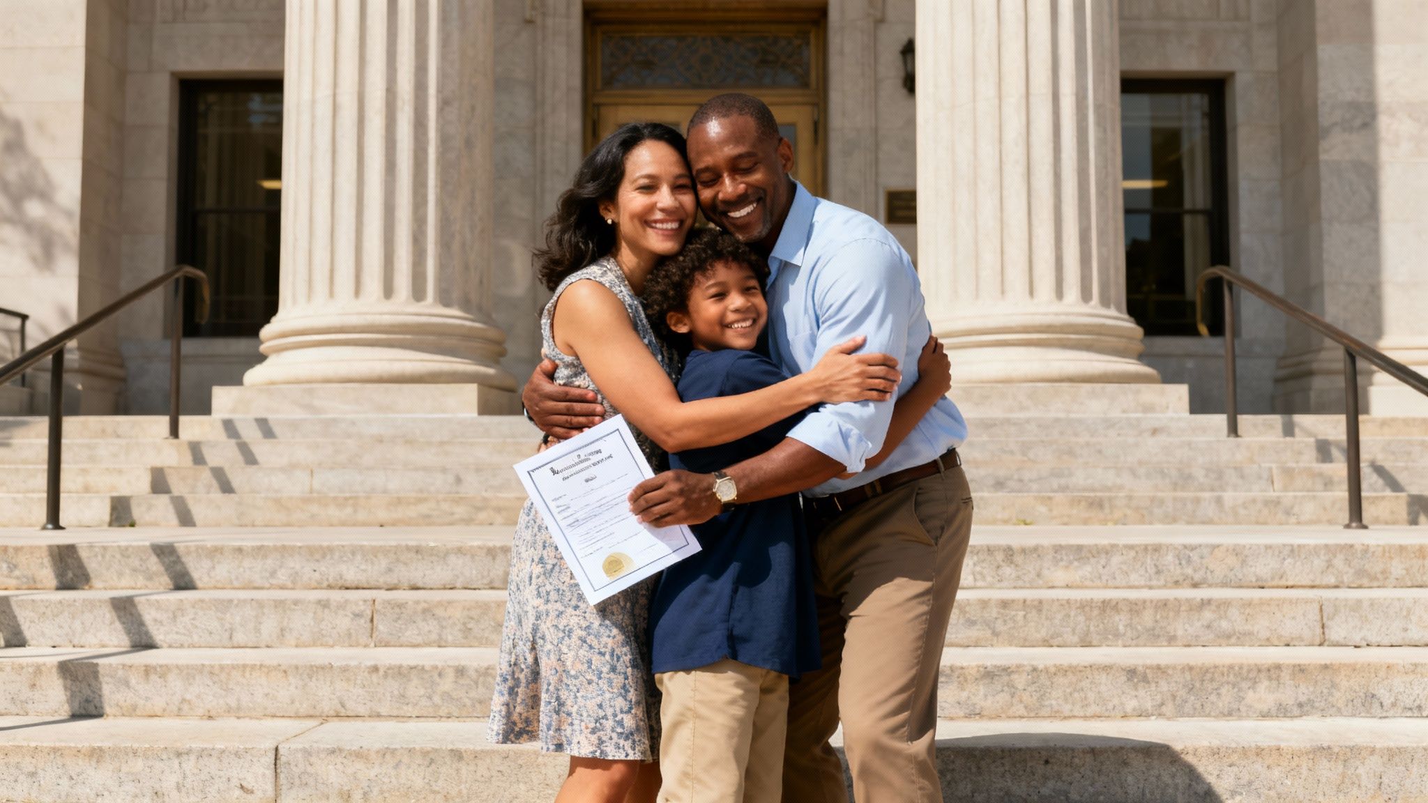 Family celebrating adoption finalization outside courthouse, embracing with joy, holding adoption certificate.