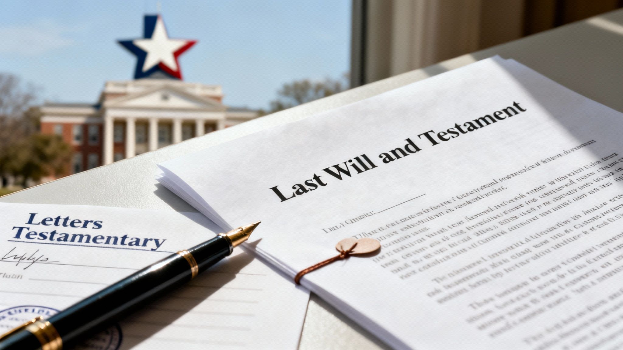 Legal documents 'Last Will and Testament' and 'Letters Testamentary' with a pen, against a courthouse.