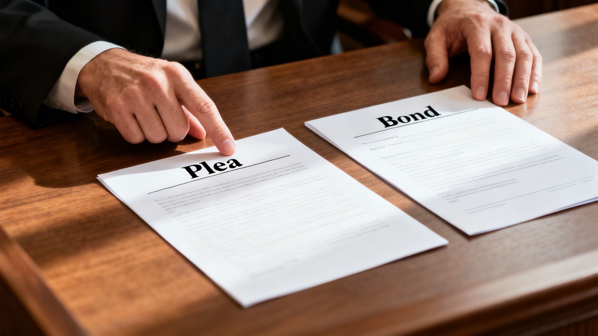 A man in a suit points to a 'Plea' document, with a 'Bond' document nearby on a wooden desk.