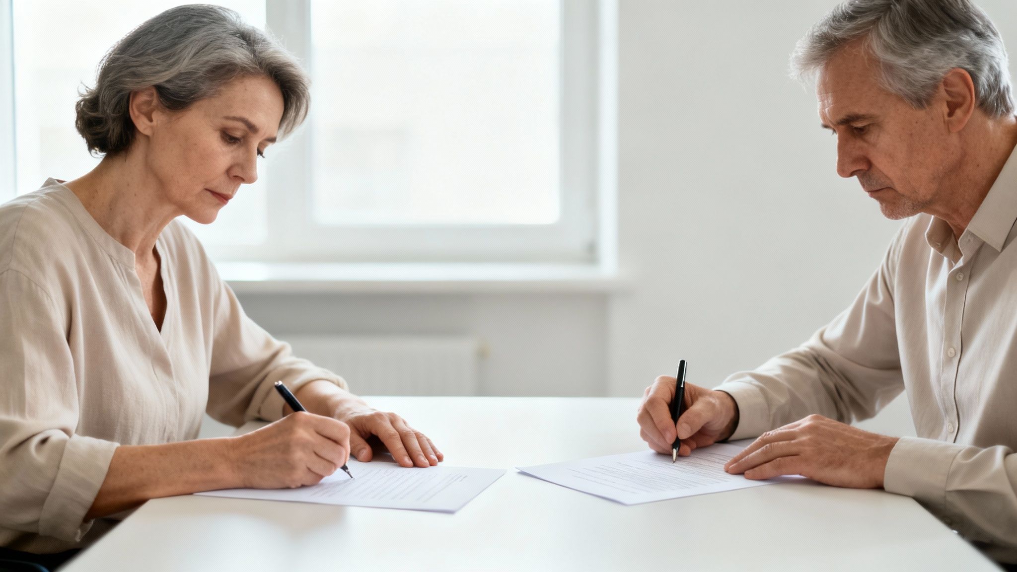 Two serious older adults, a man and a woman, signing documents at a table.