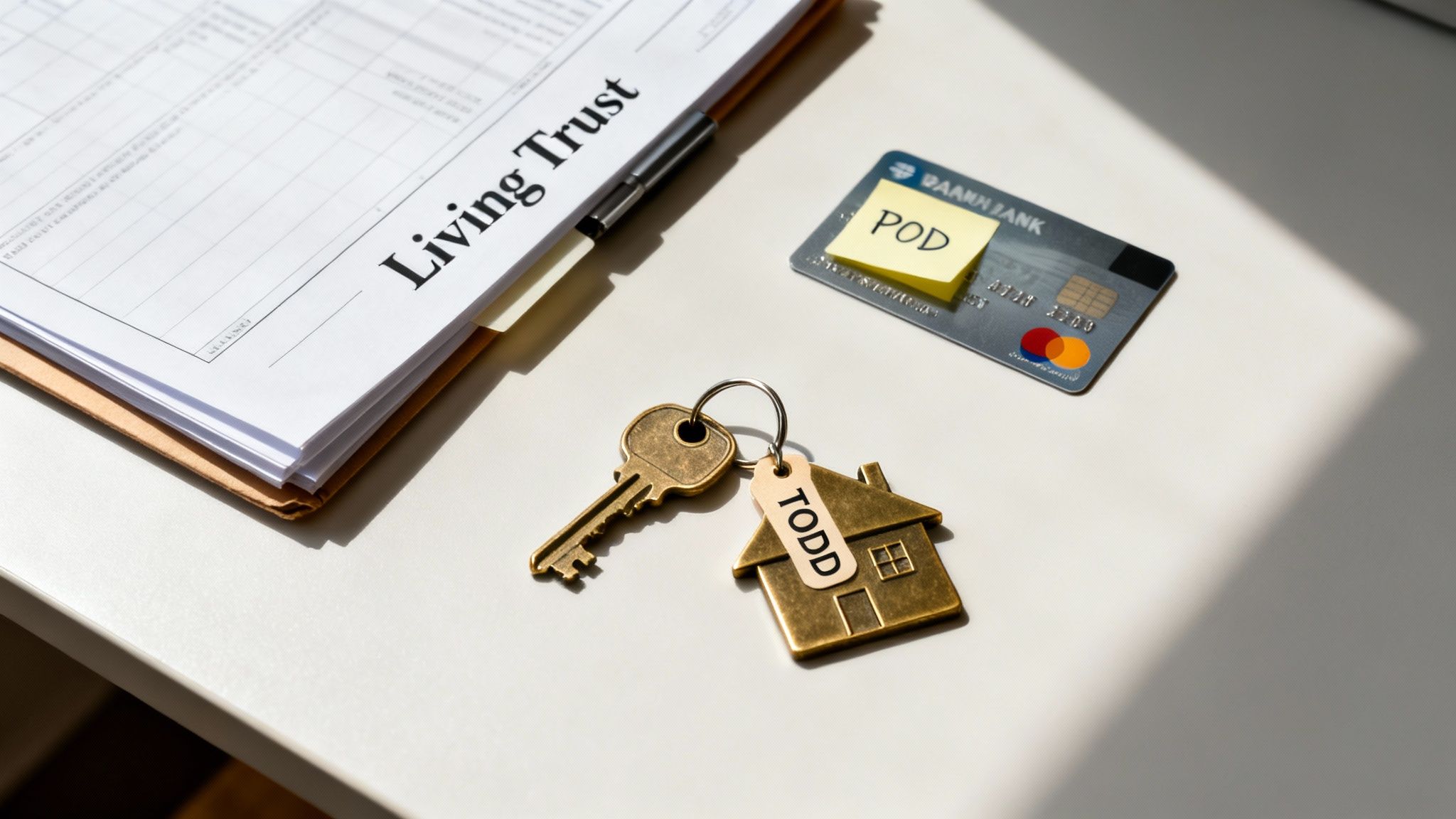 Living trust document with keys labeled "TODD" and a debit card, symbolizing estate management and asset distribution.