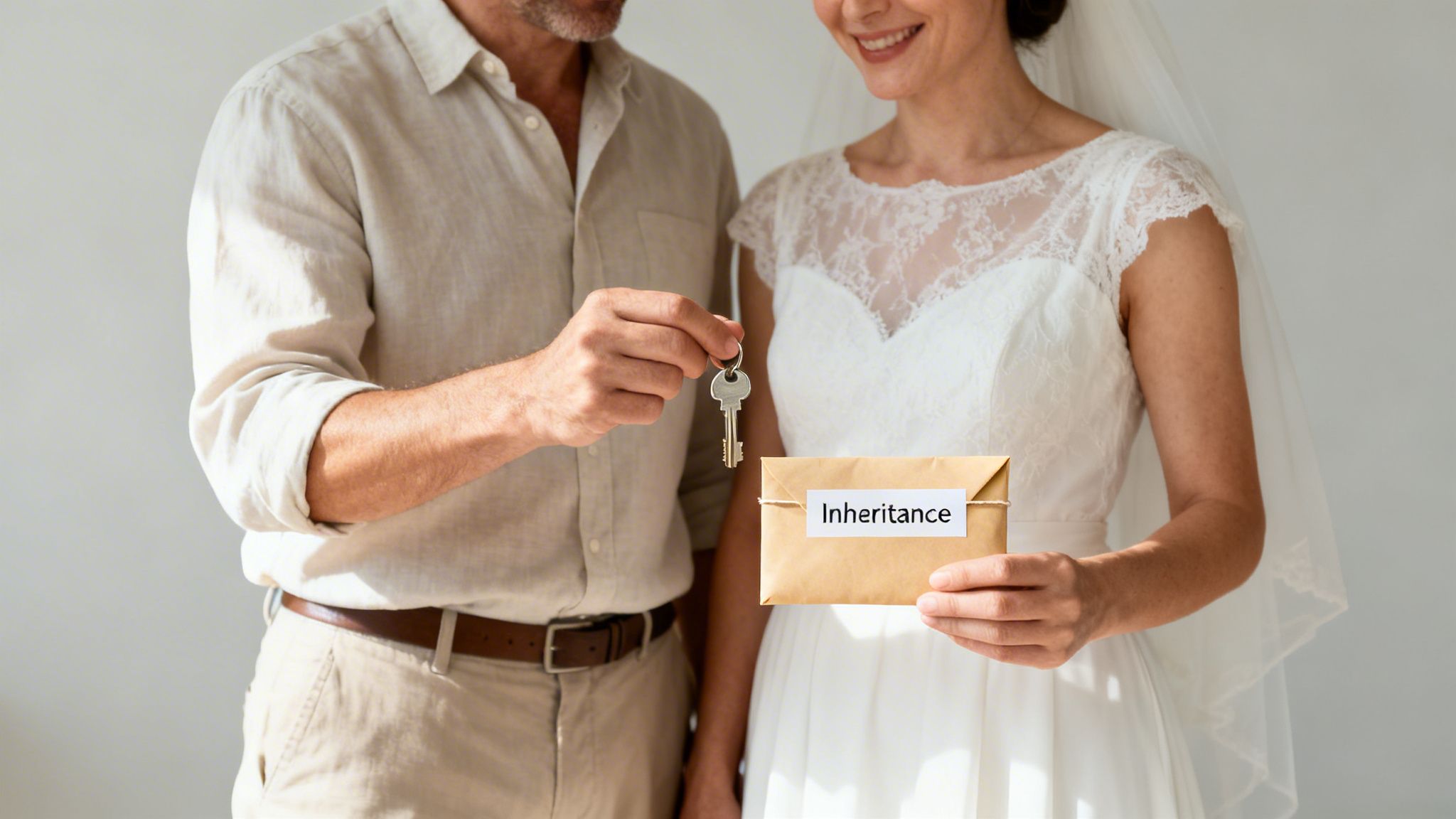 A happy married couple holds a house key and an envelope labeled 'Inheritance'.