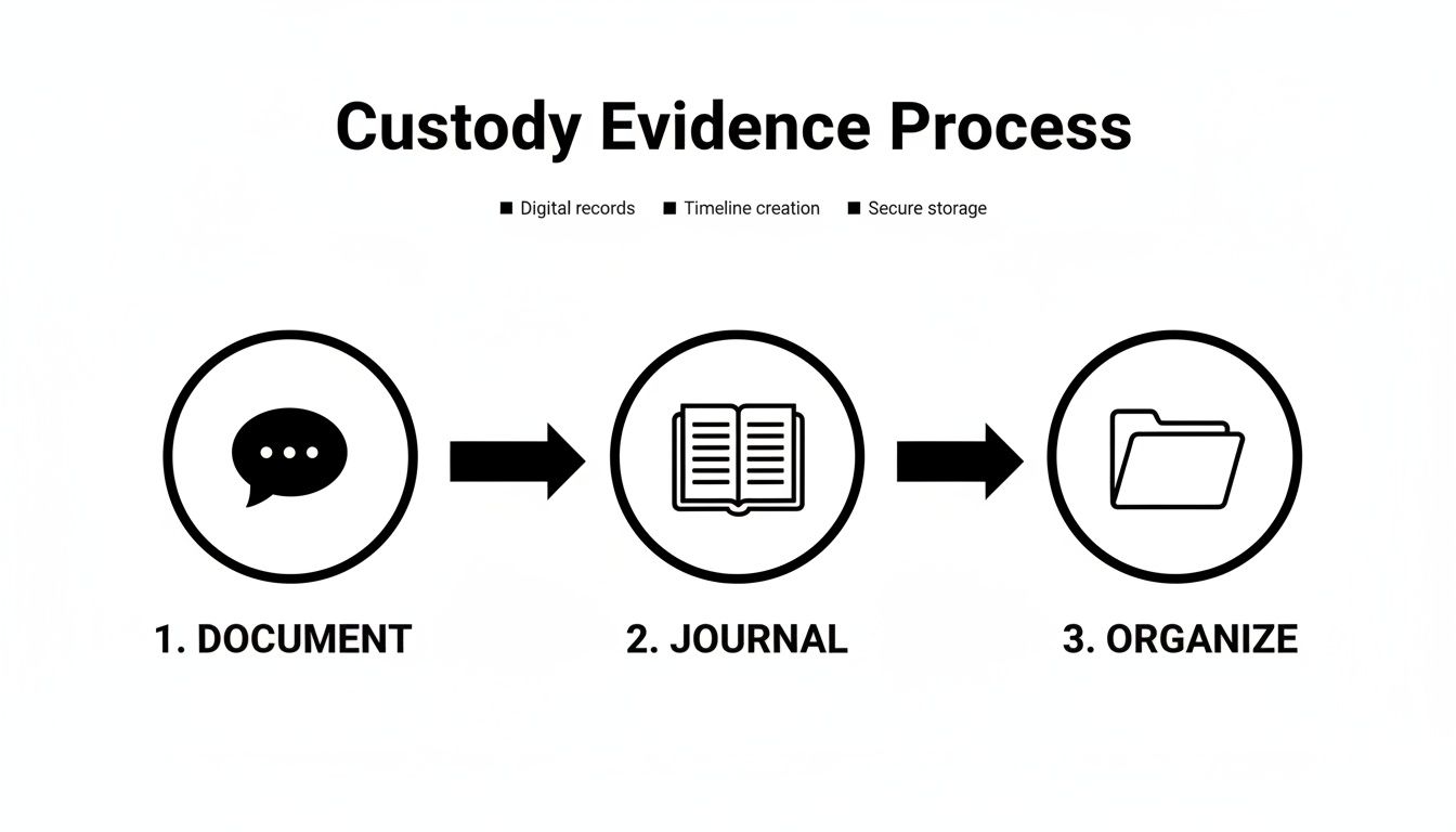 Custody evidence process diagram illustrating steps: document, journal, and organize, emphasizing the importance of evidence in custody cases for Texas parents.
