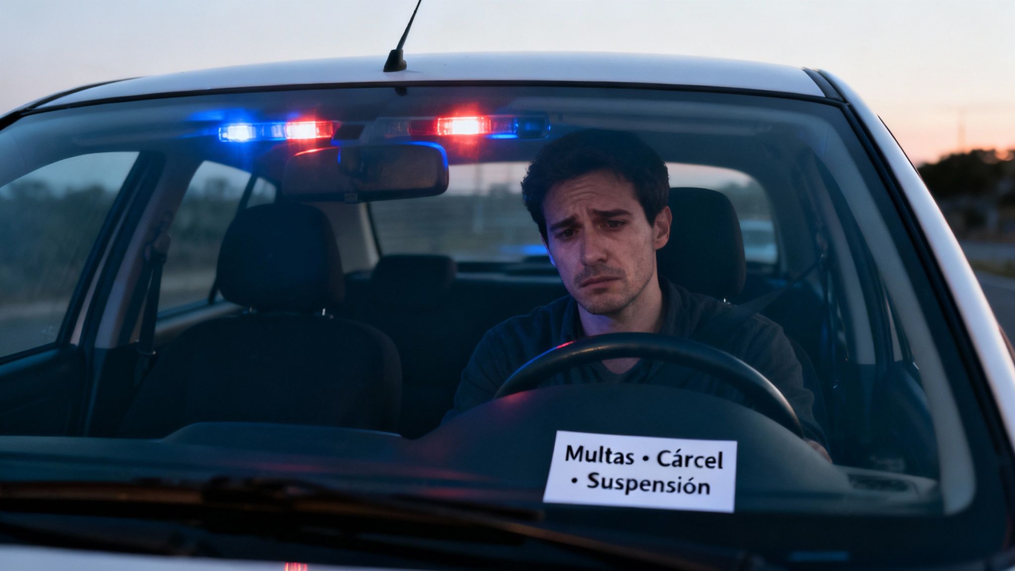 Hombre afligido en un coche, con luces de policía parpadeando, y un aviso de multas, cárcel o suspensión.