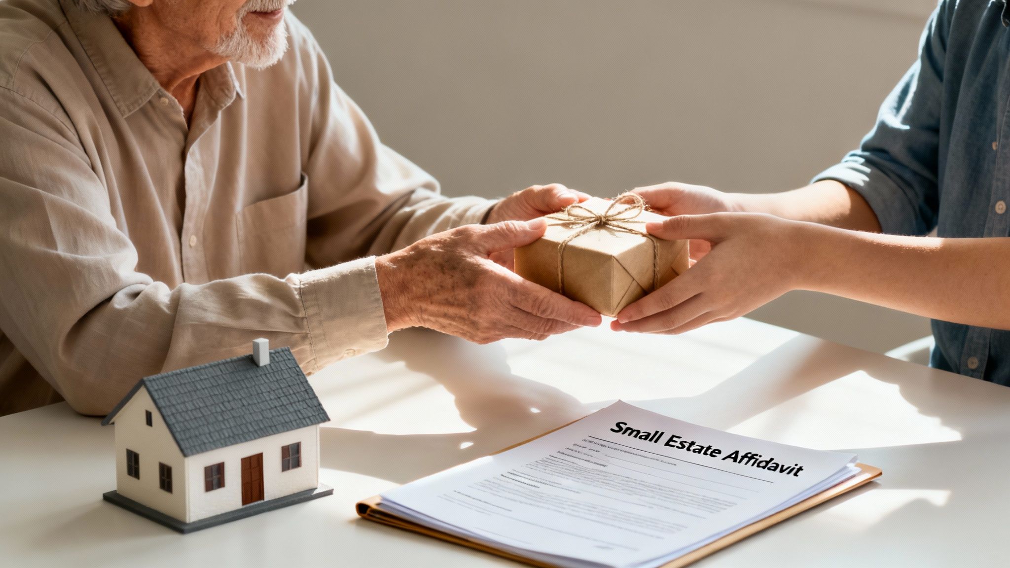 Elderly man receiving a gift box from a younger person, with a small model house and a document labeled "Small Estate Affidavit" on the table, symbolizing estate planning and asset transfer strategies.