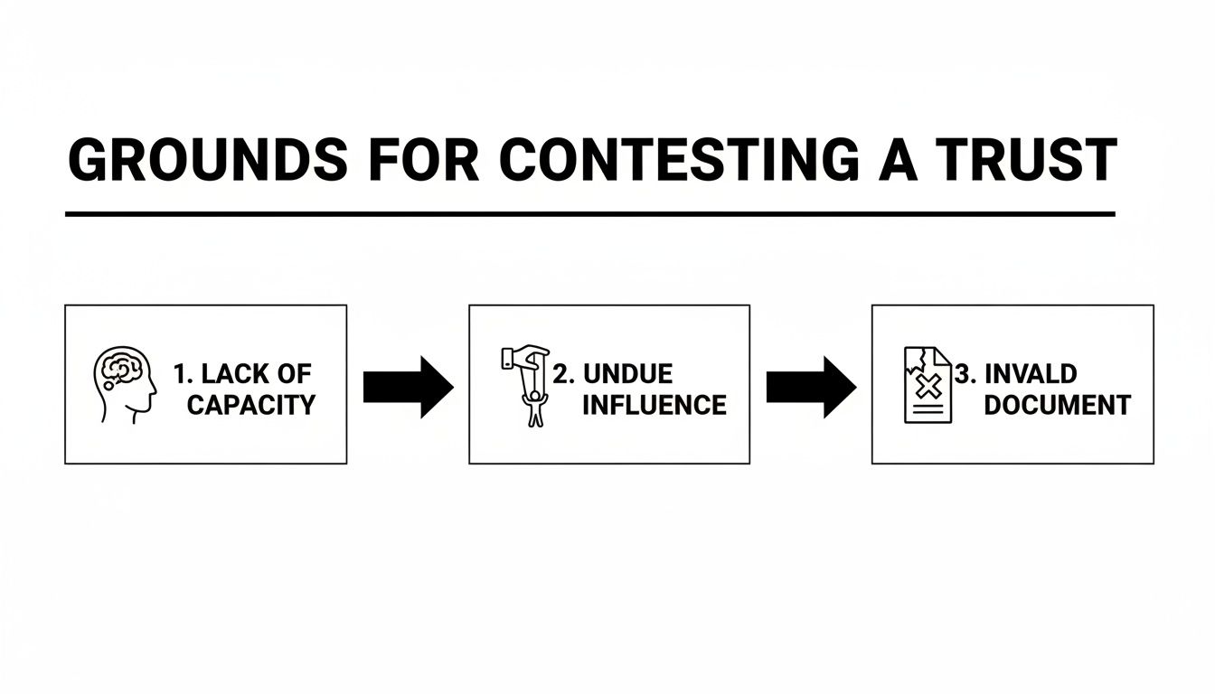 Diagram illustrating the three main grounds for contesting a trust: lack of capacity, undue influence, and invalid document.