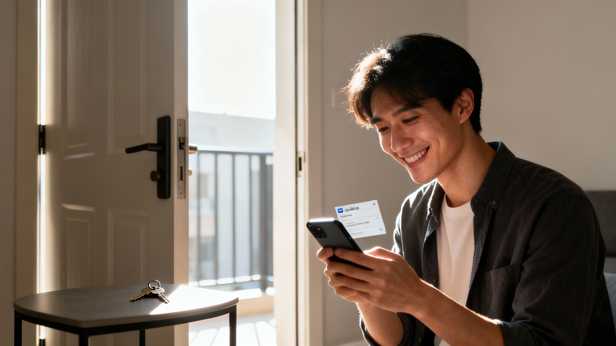 Smiling young man using smartphone with notification about expunging criminal records, in a well-lit room with an open door and keys on a table, symbolizing new beginnings.