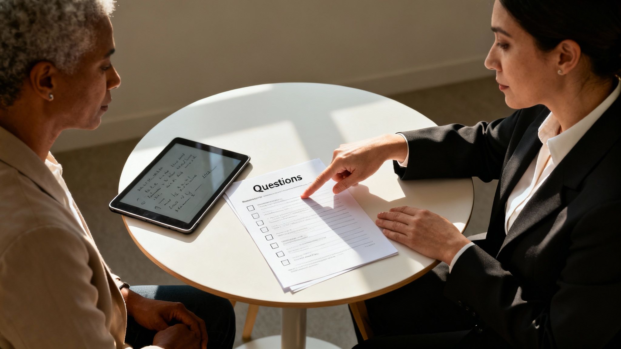 A professional points at a "Questions" form to a client looking at a tablet.