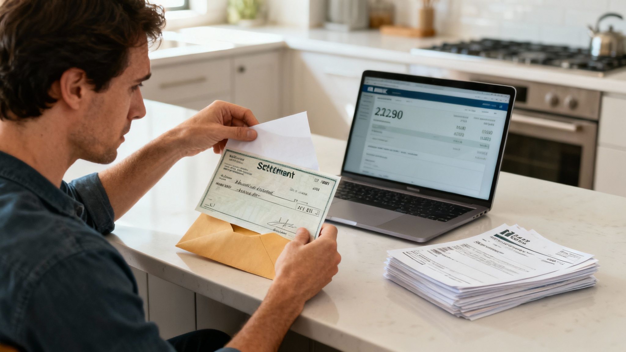 A man holds a settlement check from an envelope, with a laptop and documents on the counter.
