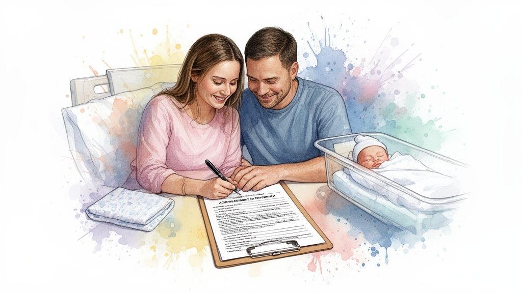 A happy couple signs paternity documents next to their sleeping newborn baby in a hospital room.