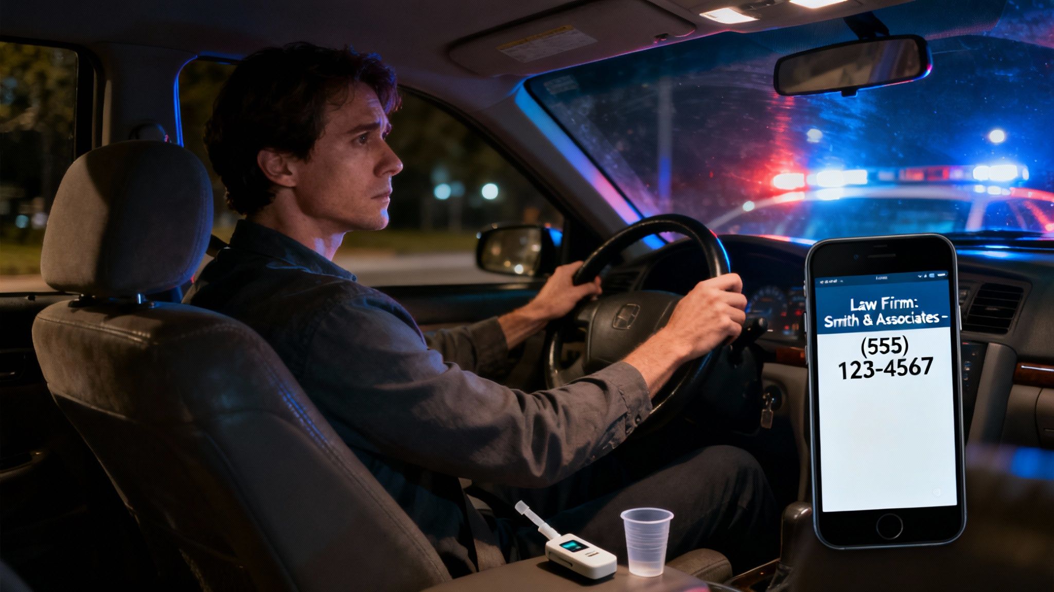 Man in car with police lights, holding steering wheel, phone displaying law firm contact information, breathalyzer on cup holder, DWI arrest context.