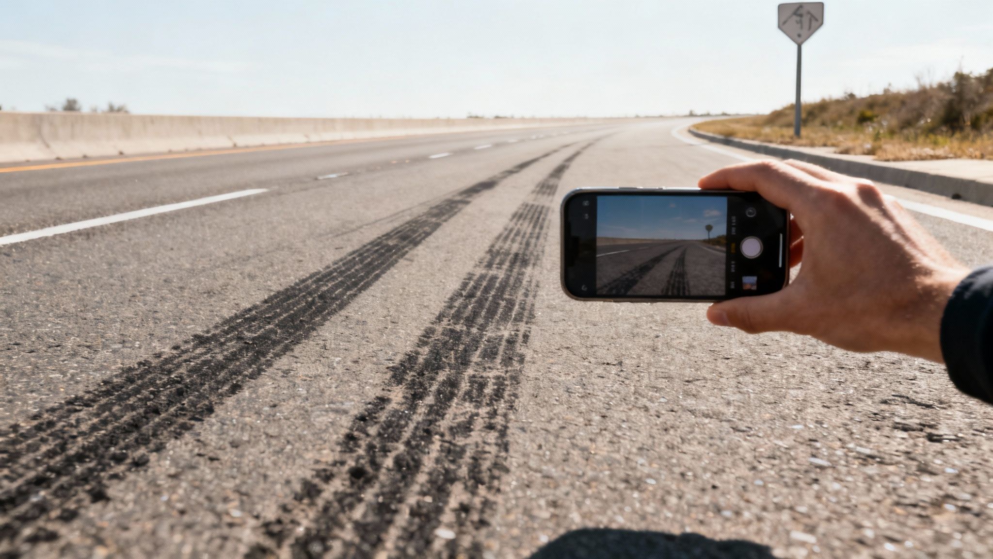 A person taking photos of car damage with their smartphone after a collision.