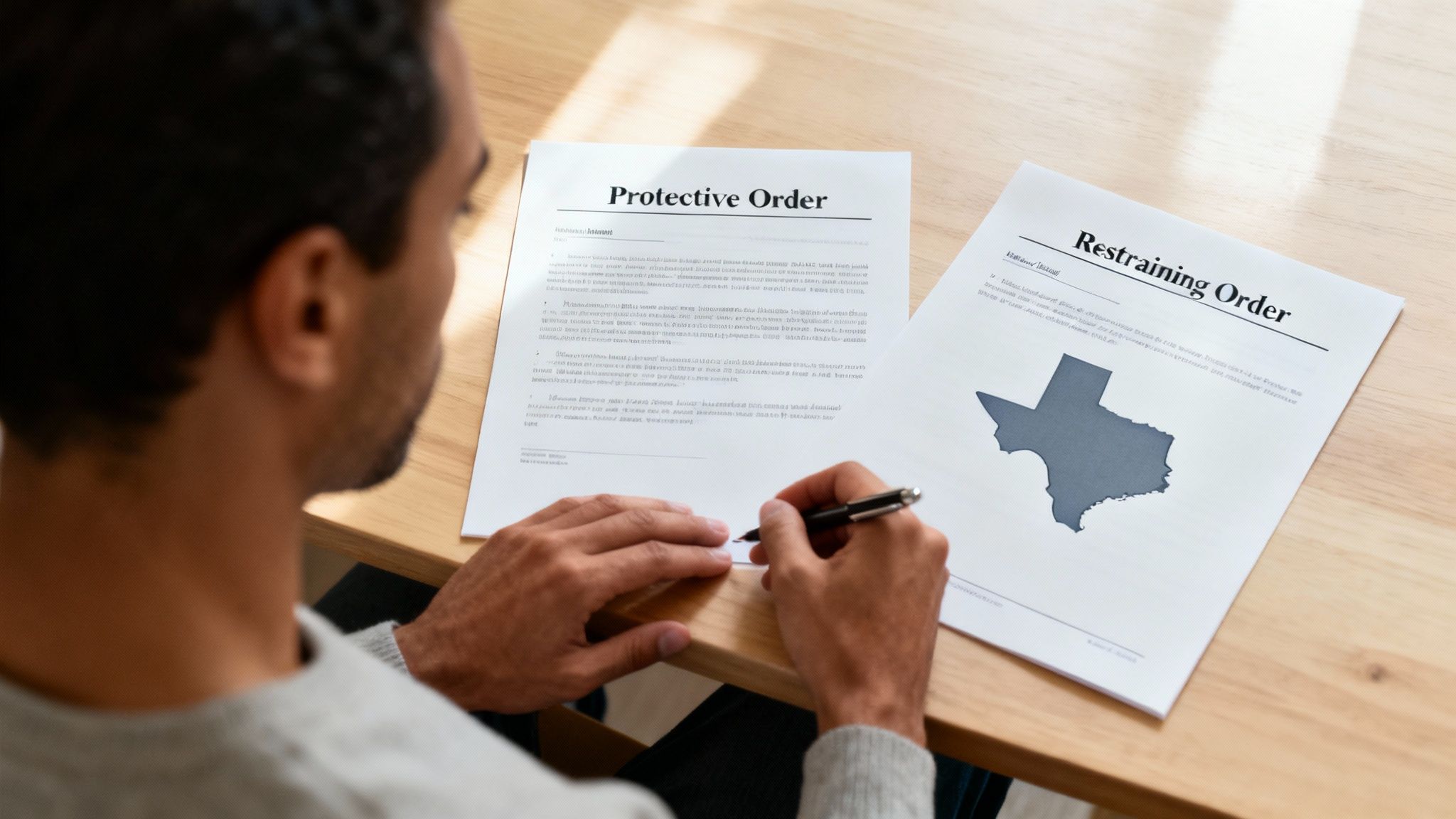 Person reviewing protective order and restraining order legal documents on wooden desk in Texas