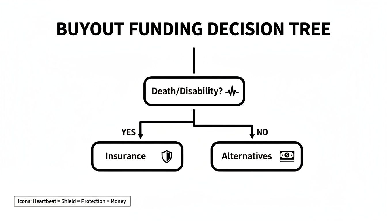 A buyout funding decision tree flowchart, showing paths for death/disability leading to insurance or alternatives.