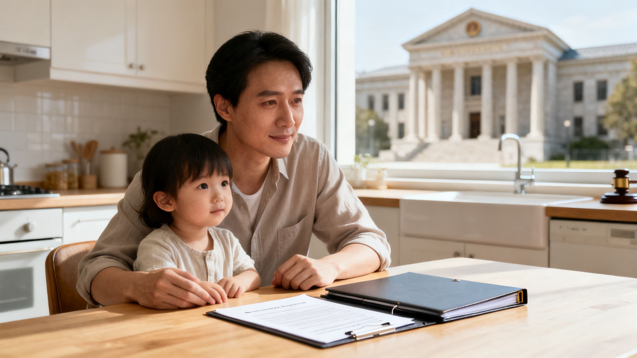 Father and young child reviewing legal documents at home, with a courthouse and gavel in the background.