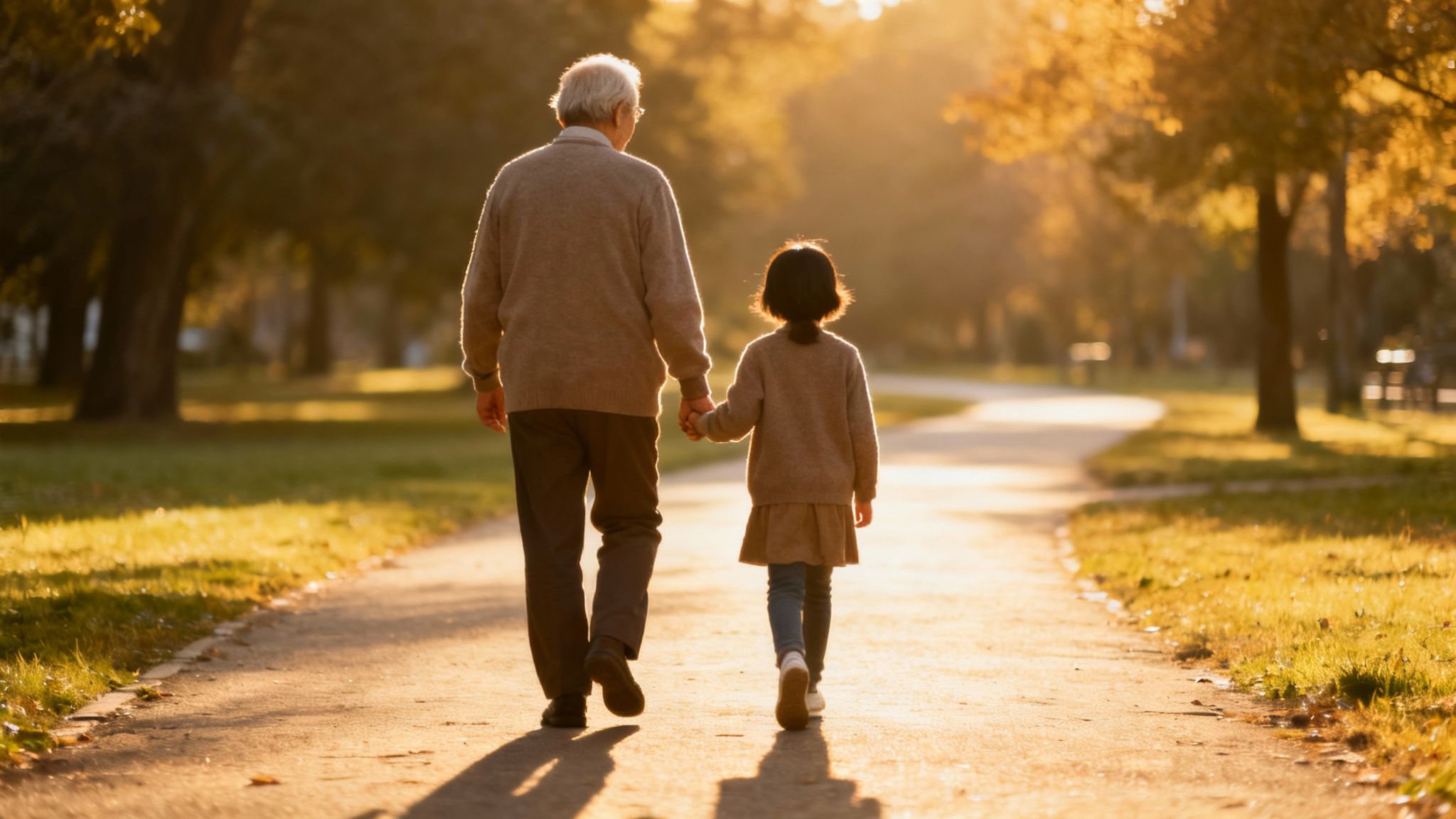 Elderly man and young child holding hands, walking along a sunlit park path at golden hour.