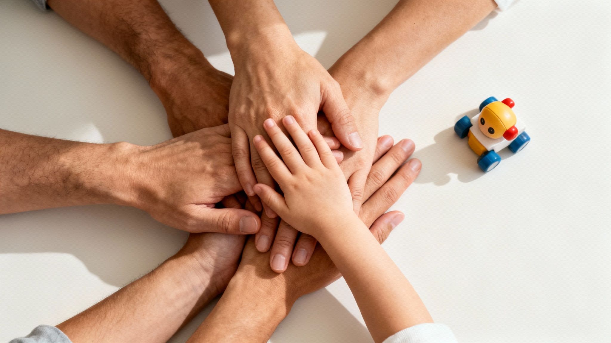 A close-up of multiple hands from adults and a child stacked together, symbolizing family unity and support.