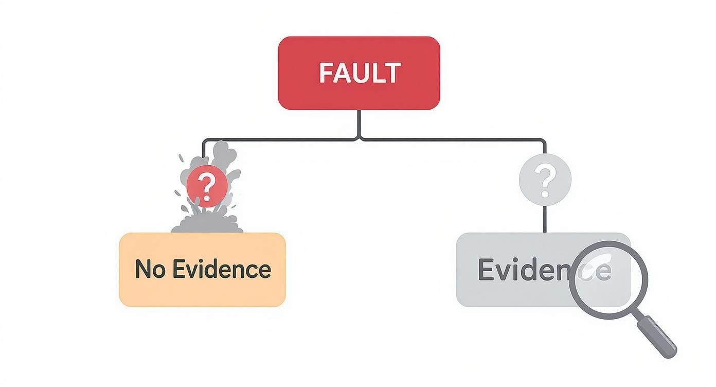 Flowchart illustrating fault investigation, leading to outcomes based on presence or absence of evidence.