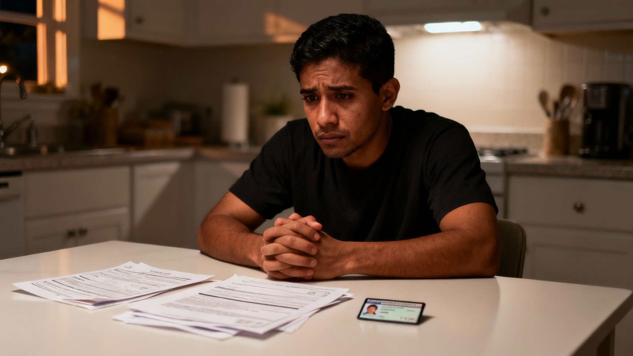 Hombre preocupado mira documentos legales y una identificación en la mesa de la cocina por la noche.