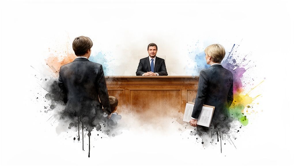 Legal professionals and child facing a judge in a stylized watercolor courtroom setting.