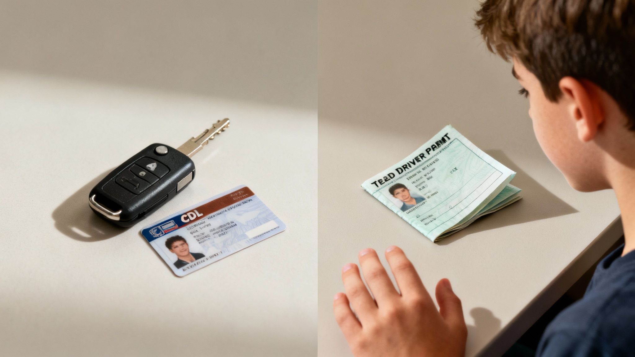 Car key and Texas CDL next to a young person examining a learner's permit, highlighting the importance of driving credentials and legal implications for drivers in Texas.