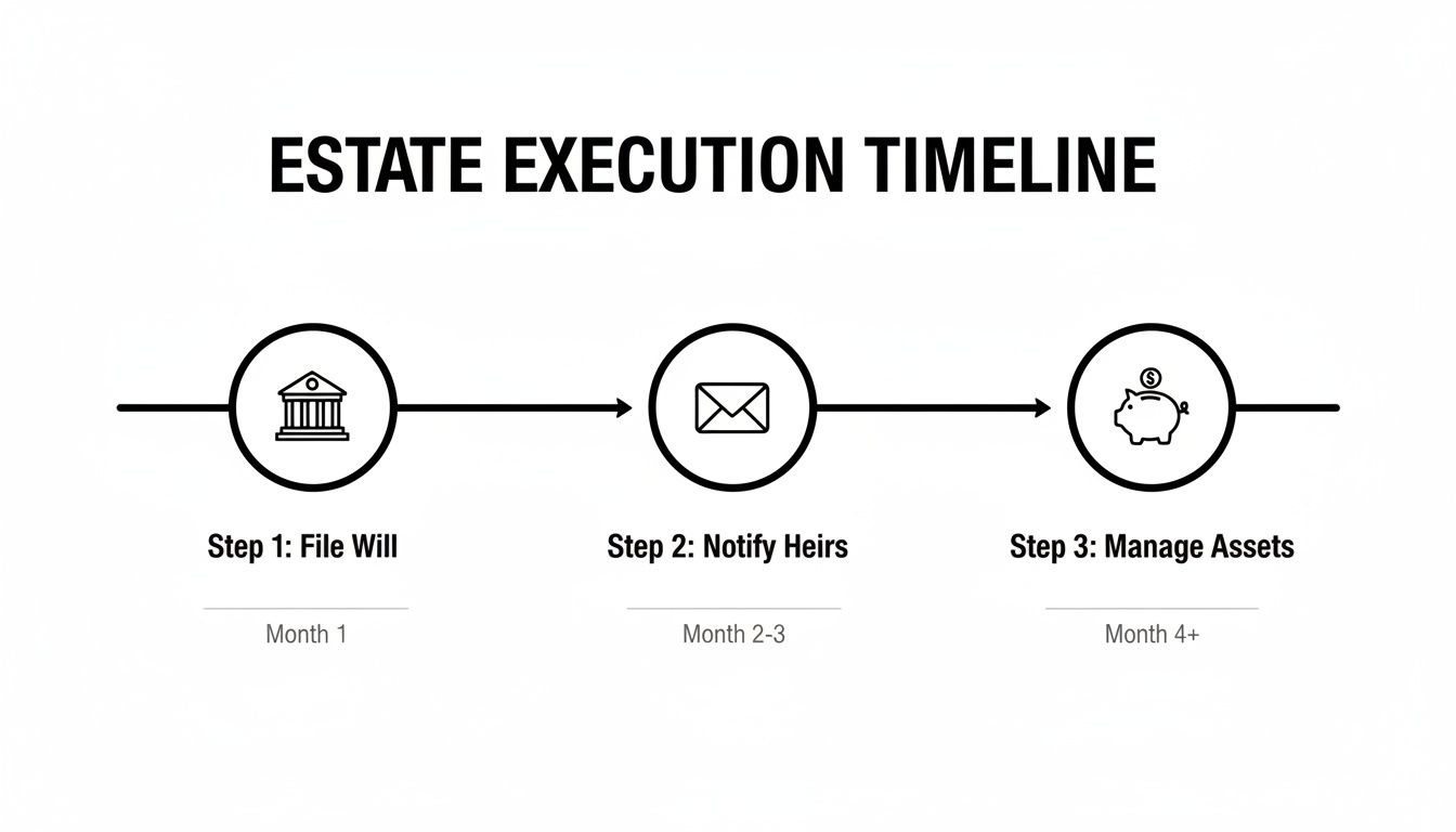 Estate execution timeline diagram detailing three steps: filing a will, notifying heirs, and managing assets.